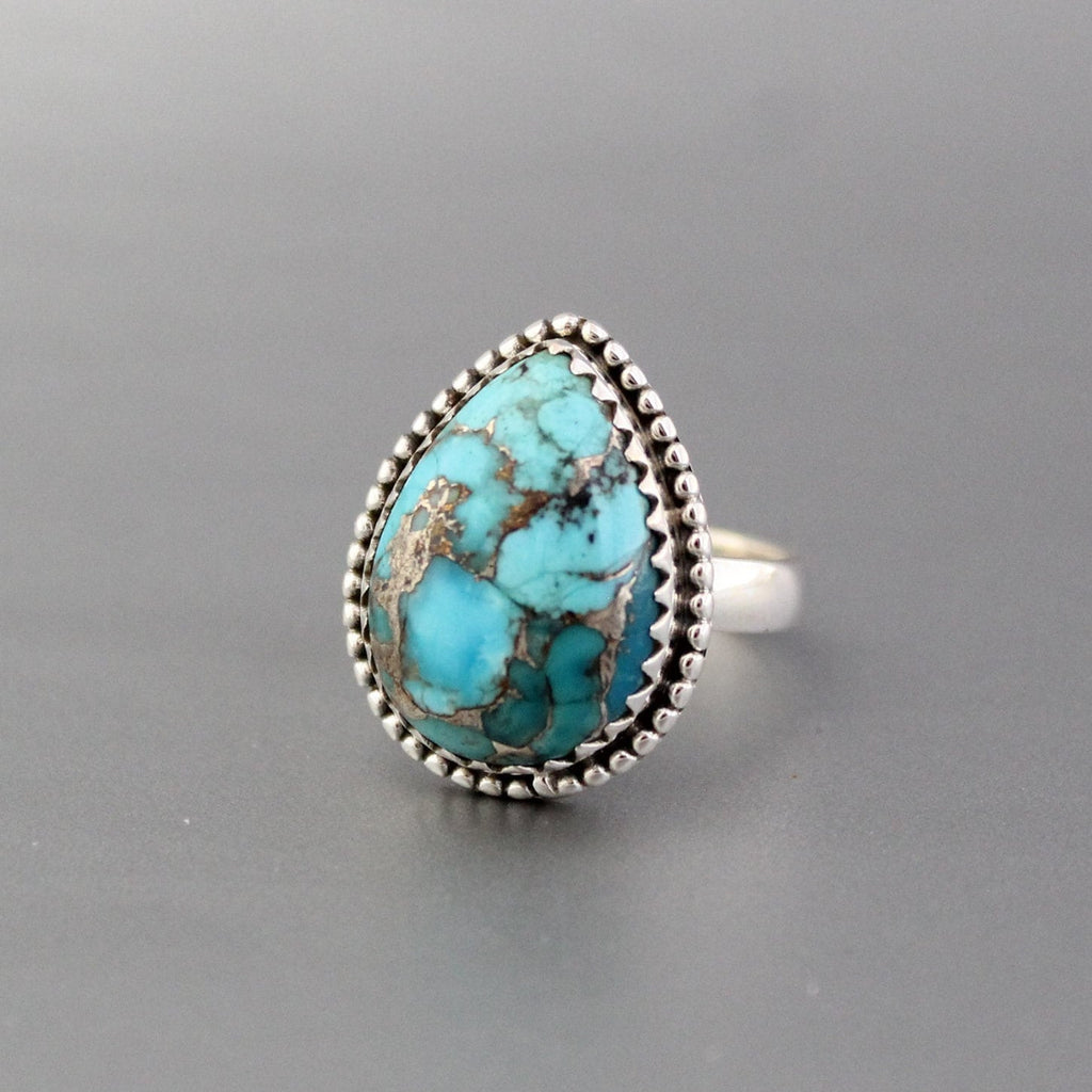 Copper Turquoise Ring, December Birthstone, Gift for Mom, turquoisering, silvered-turquoise