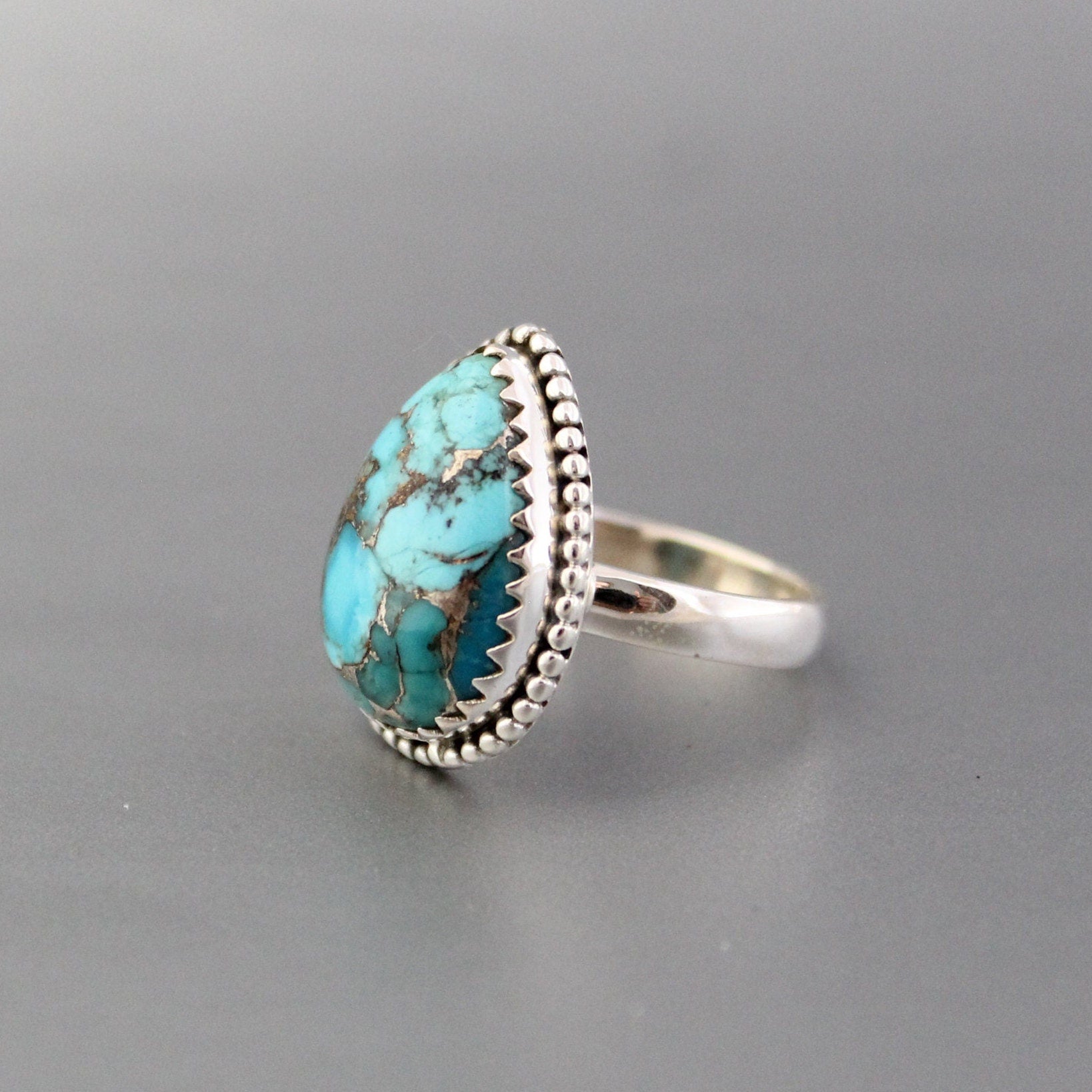 Copper Turquoise Ring, December Birthstone, Gift for Mom, turquoisering, silvered-turquoise