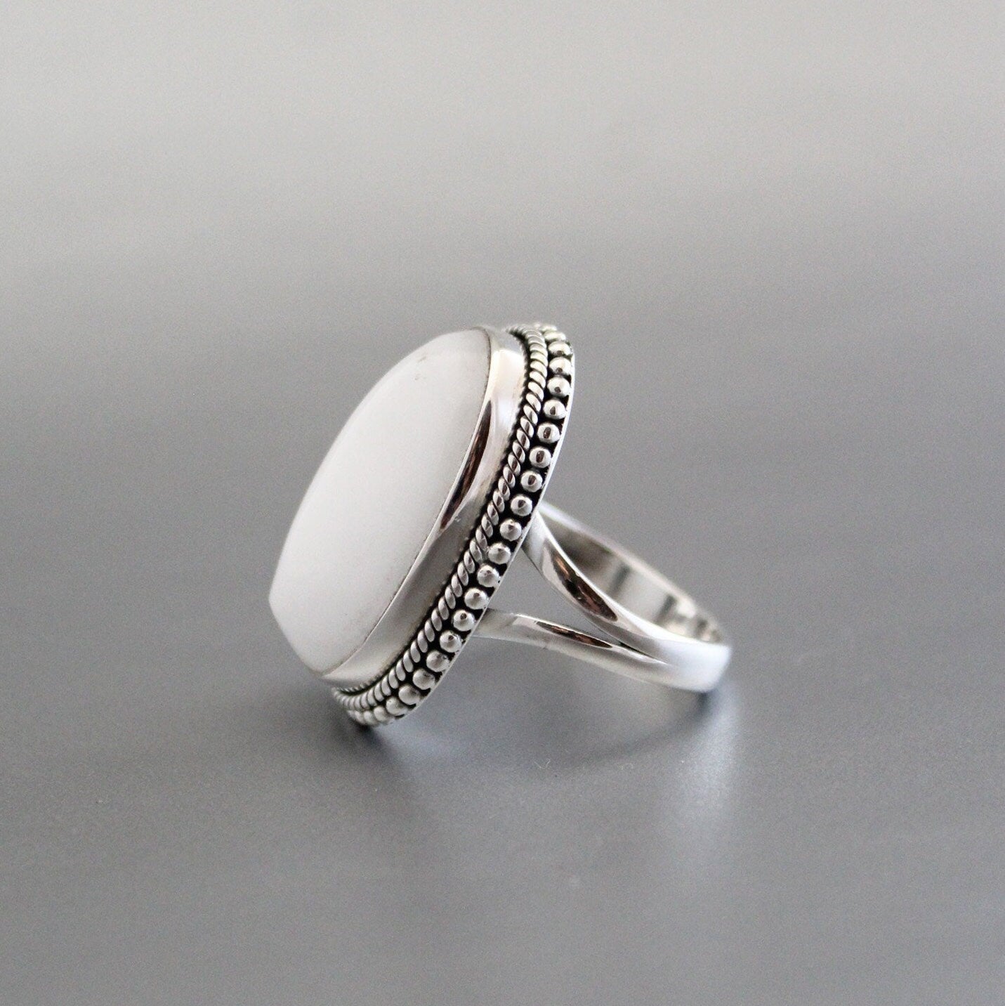 White Agate Sterling Silver Ring, Handmade Solitaire Statement, agatering