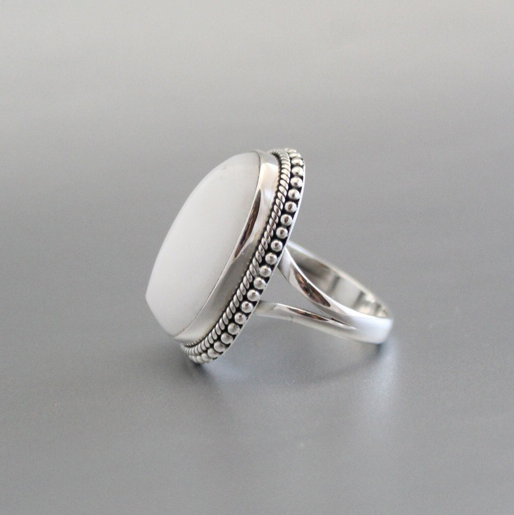 White Agate Sterling Silver Ring, Handmade Solitaire Statement, agatering