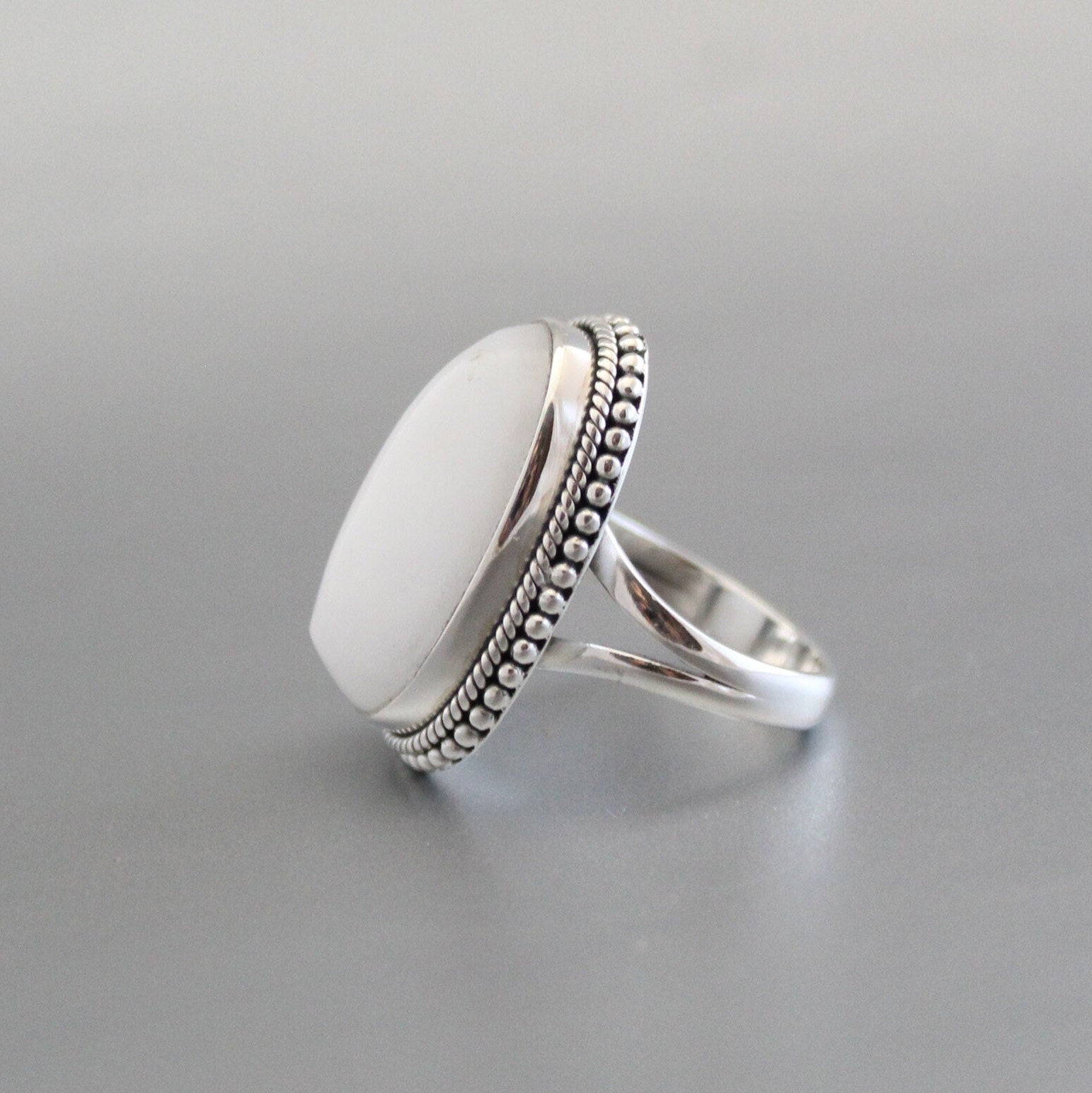 White Agate Sterling Silver Ring, Handmade Solitaire Statement, agatering