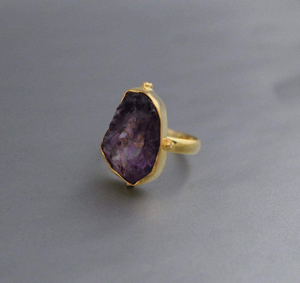 Raw Amethyst Ring, Dainty Sterling Silver Birthstone Ring, 14K Gold Vermiel, Purple Ring, Crystal Handmade Jewelry