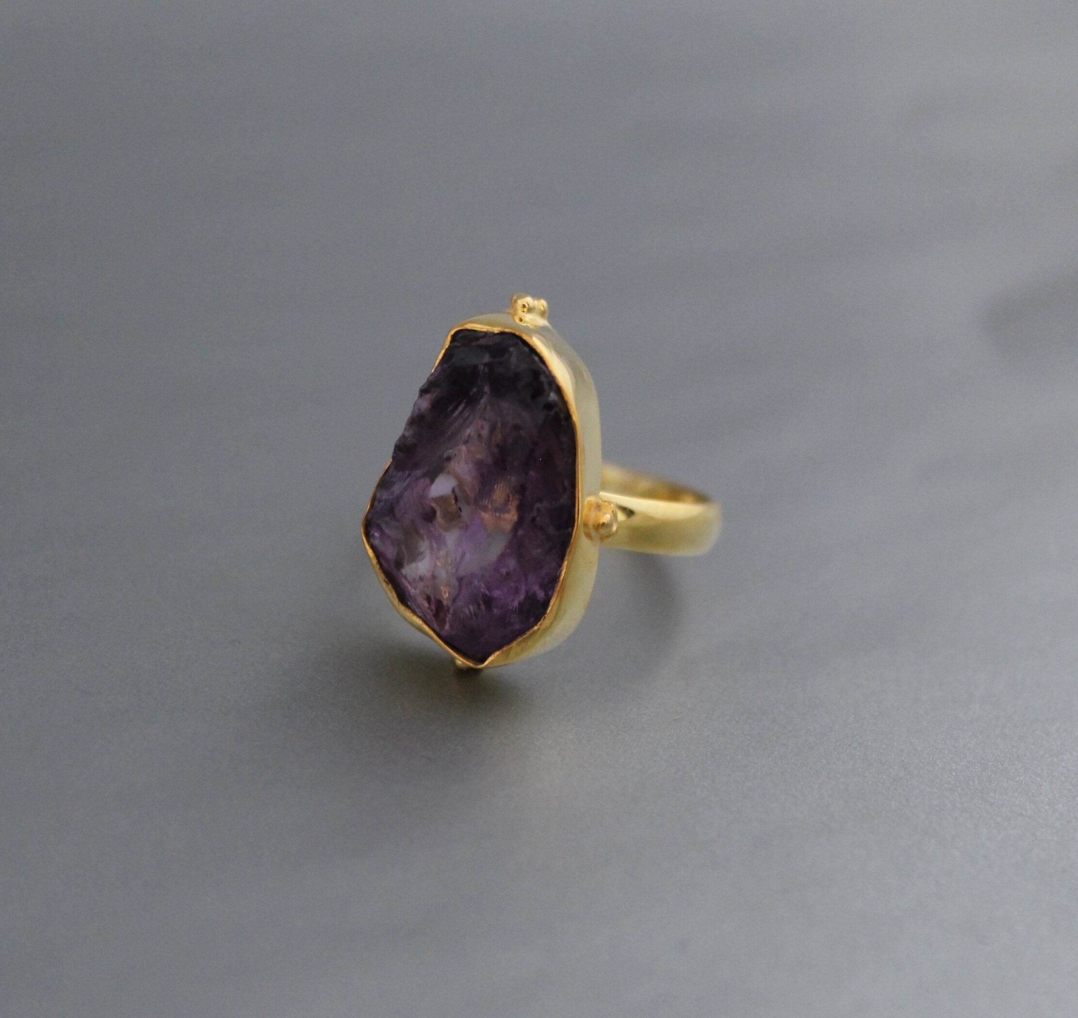 Raw Amethyst Ring, Dainty Sterling Silver Birthstone Ring, 14K Gold Vermiel, Purple Ring, Crystal Handmade Jewelry