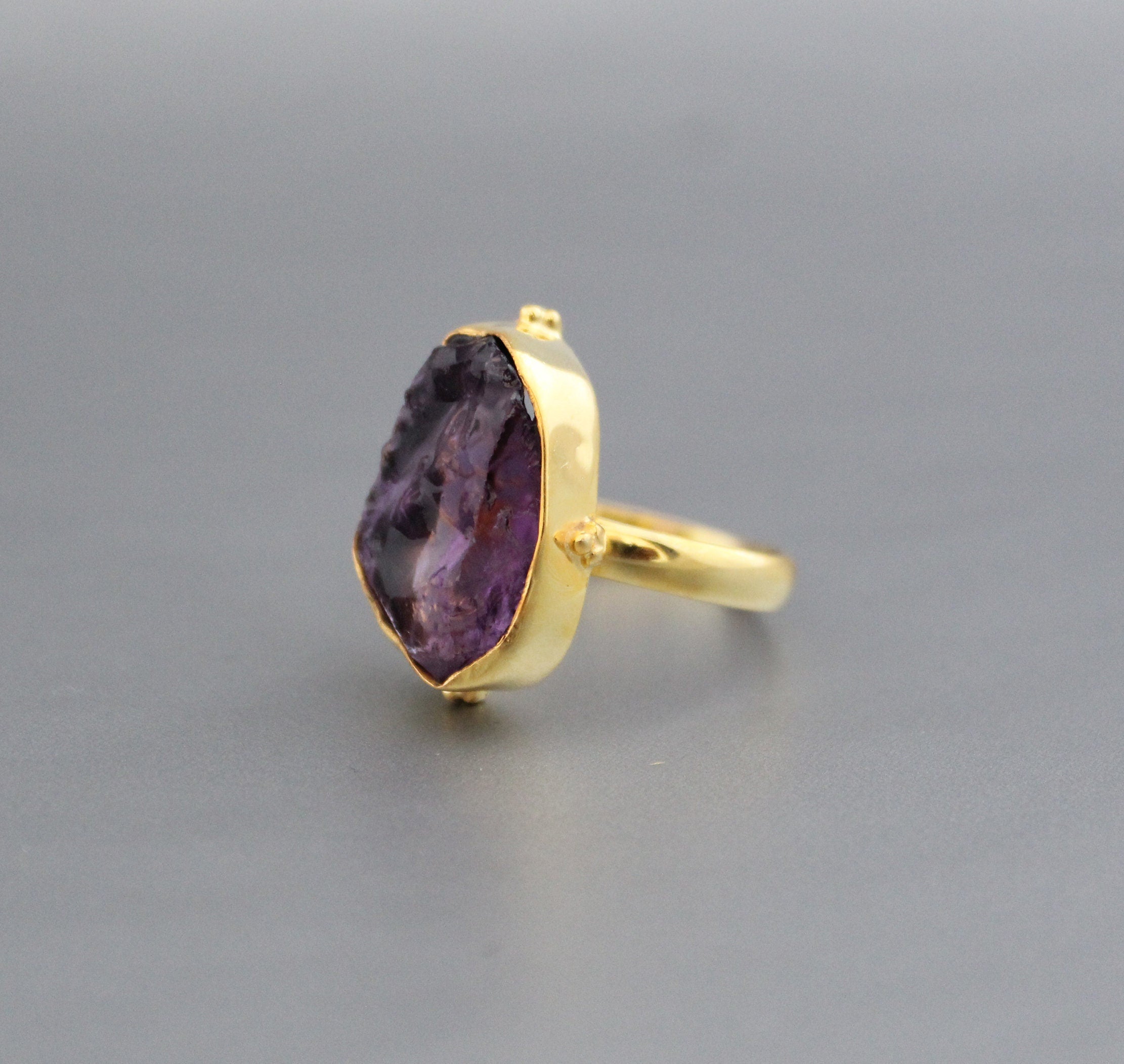 Raw Amethyst Ring, Dainty Sterling Silver Birthstone Ring, 14K Gold Vermiel, Purple Ring, Crystal Handmade Jewelry