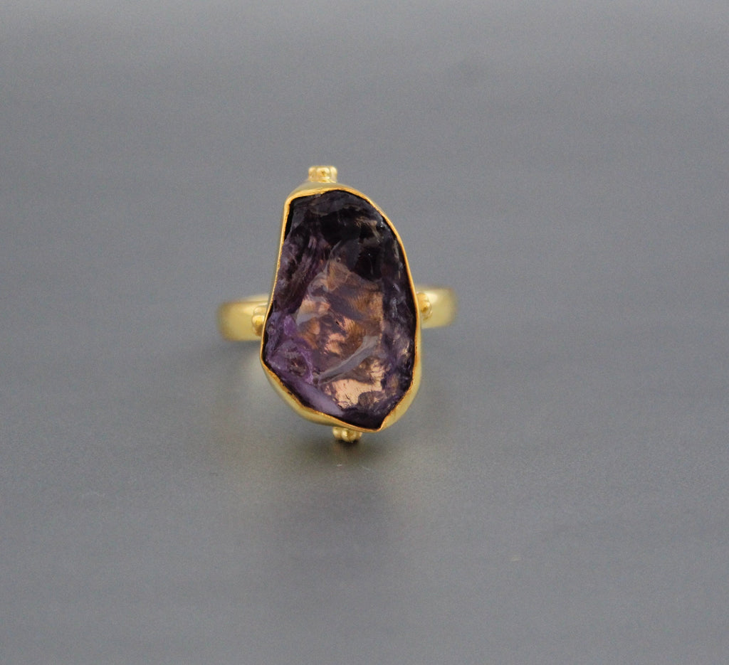 Raw Amethyst Ring, Dainty Sterling Silver Birthstone Ring, 14K Gold Vermiel, Purple Ring, Crystal Handmade Jewelry