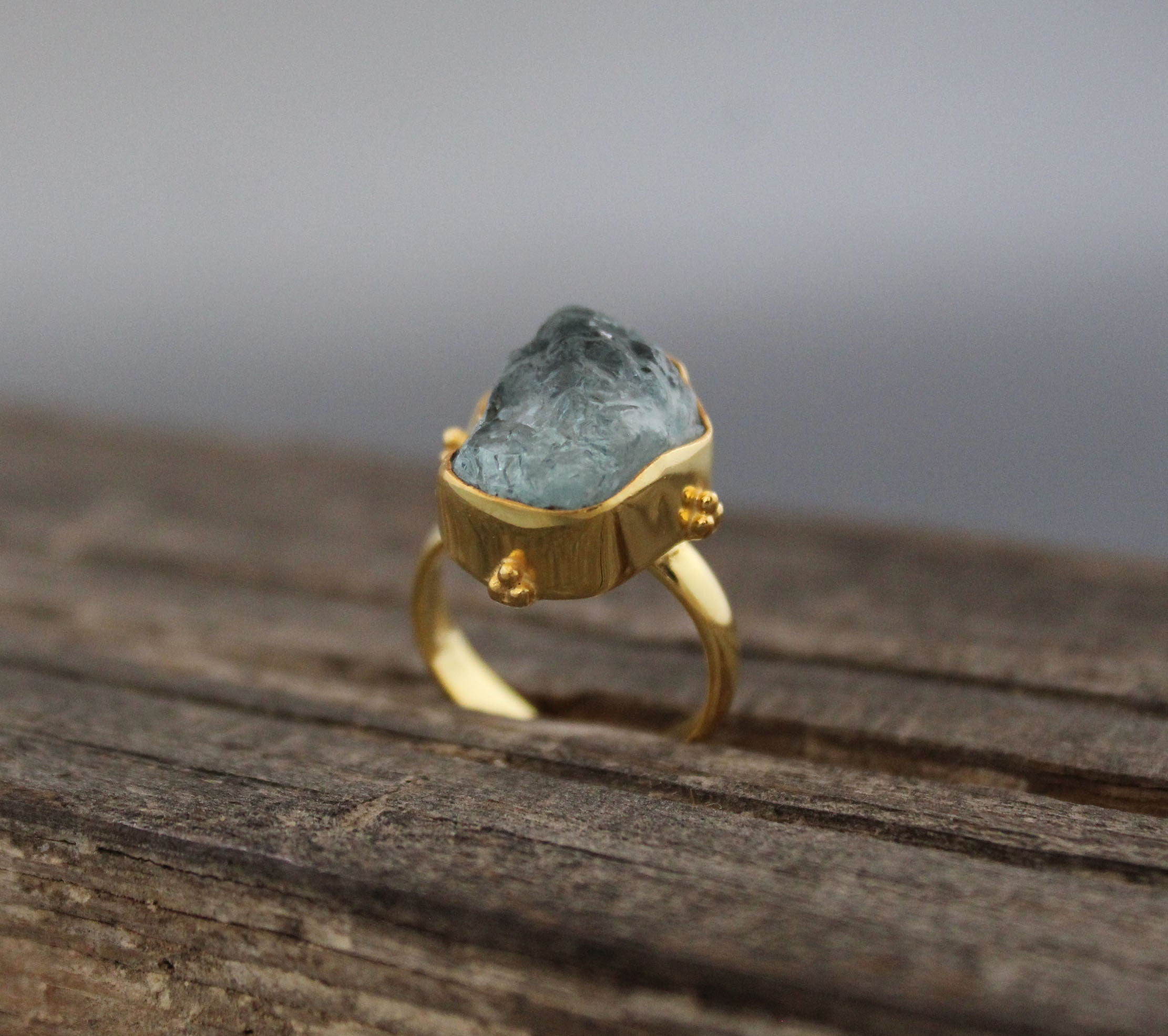 Raw Aquamarine Ring: Sterling Silver Rough Crystal Birthstone Jewelry
