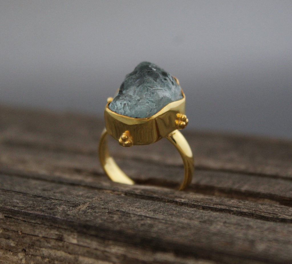 Raw Aquamarine Ring: Sterling Silver Rough Crystal Birthstone Jewelry