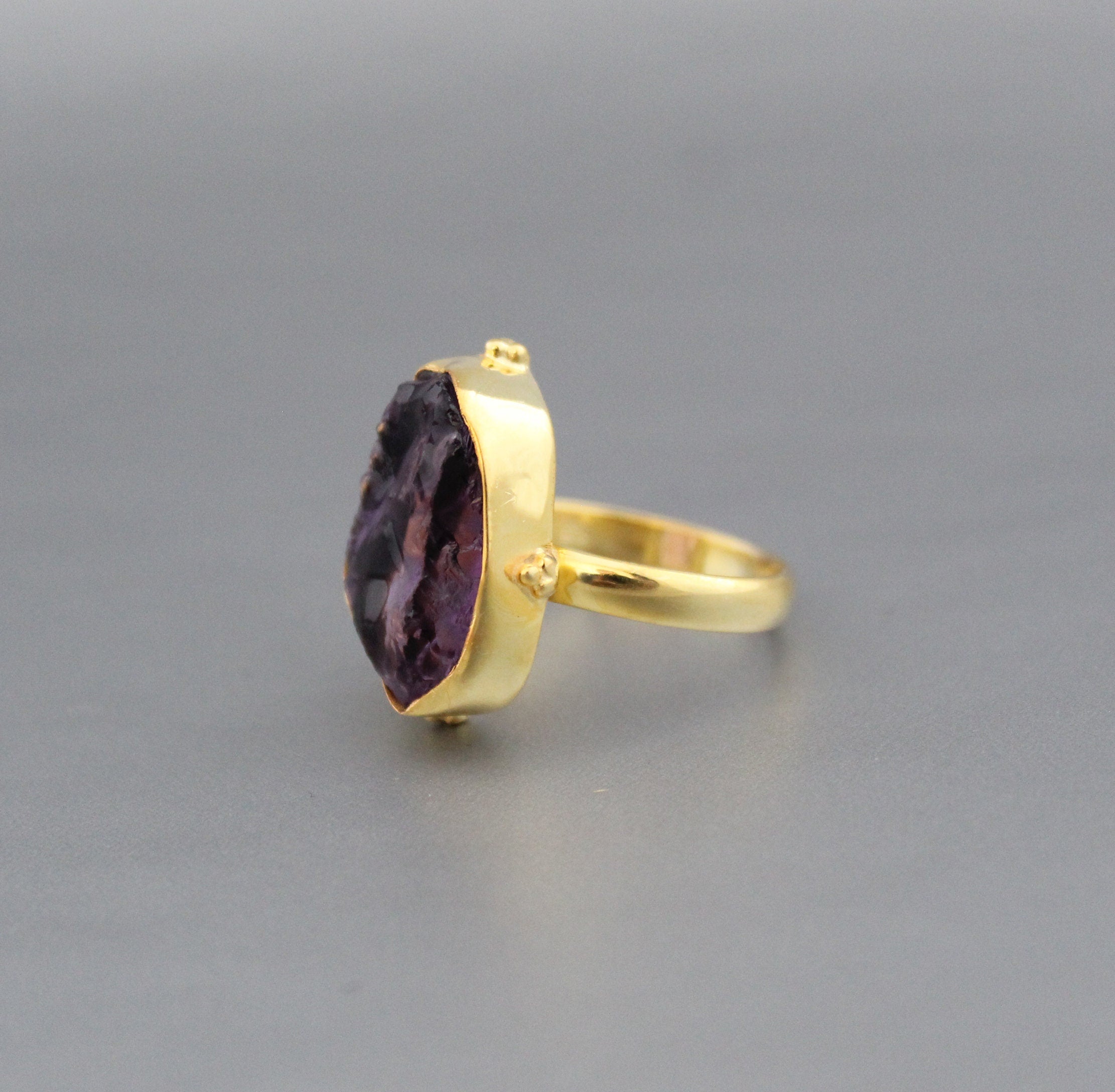 Raw Amethyst Ring, Dainty Sterling Silver Birthstone Ring, 14K Gold Vermiel, Purple Ring, Crystal Handmade Jewelry