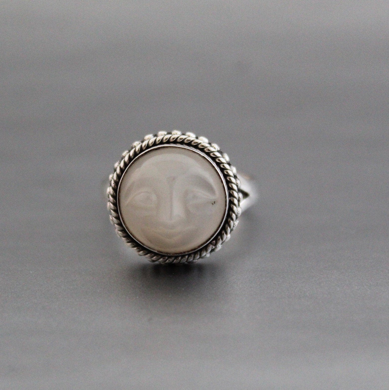 White Moonstone Carved Ring, Moon face carving, Celestial Jewelry, Sterling Silver Bohemian Jewelry, Moonstone Jewelry, Gift for Girlfriend