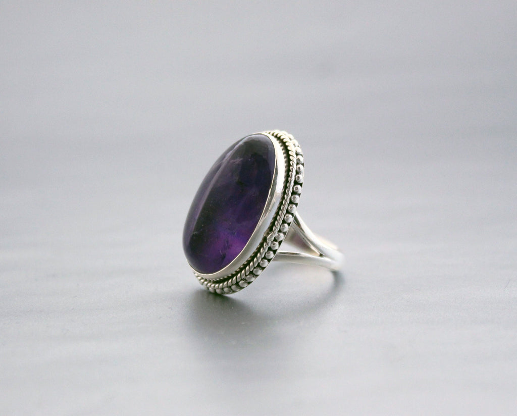 Handmade Sterling Silver Amethyst Ring, Oval Bohemian Jewelry, Large Gemstone Rings, Vintage Bridal wedding anniversary ring