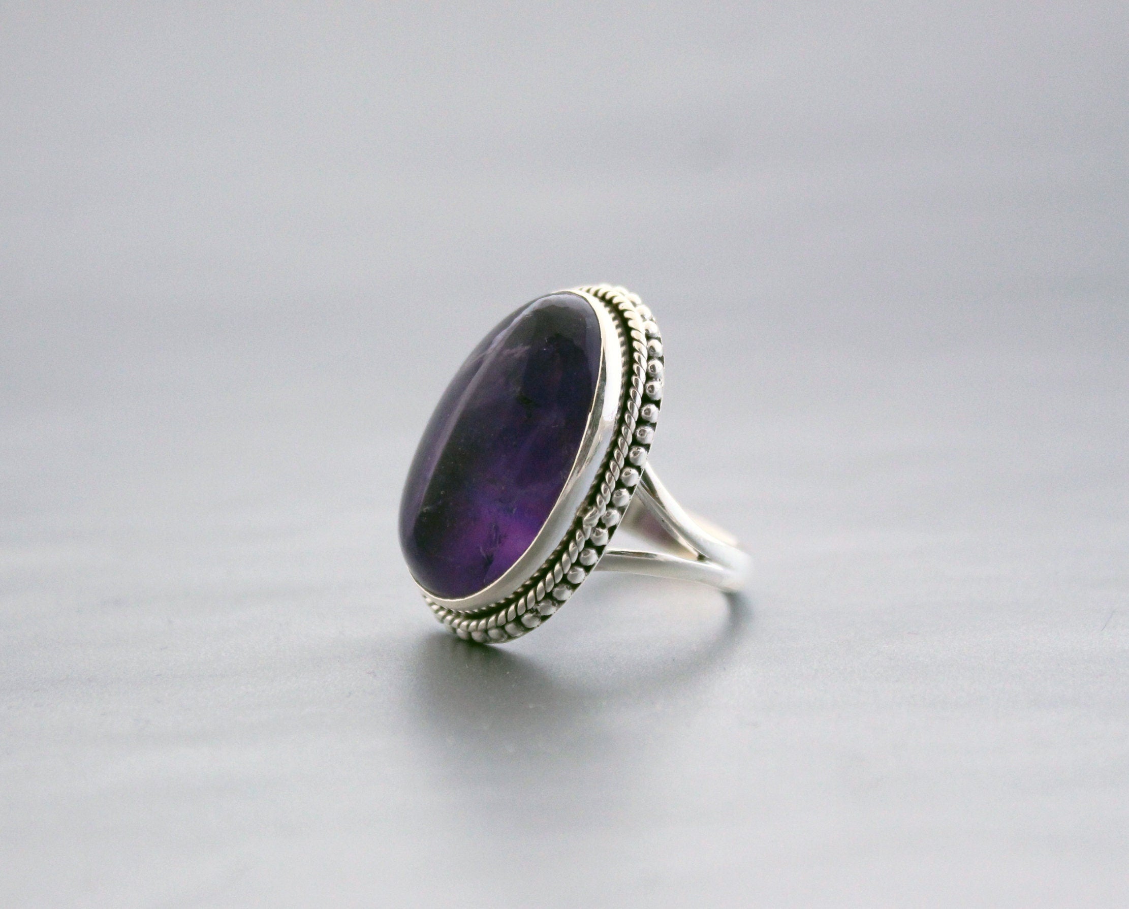 Handmade Sterling Silver Amethyst Ring, Oval Bohemian Jewelry, Large Gemstone Rings, Vintage Bridal wedding anniversary ring