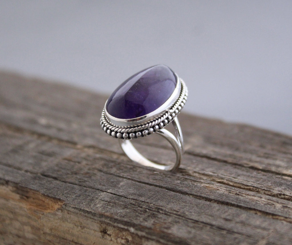Handmade Sterling Silver Amethyst Ring, Oval Bohemian Jewelry, Large Gemstone Rings, Vintage Bridal wedding anniversary ring