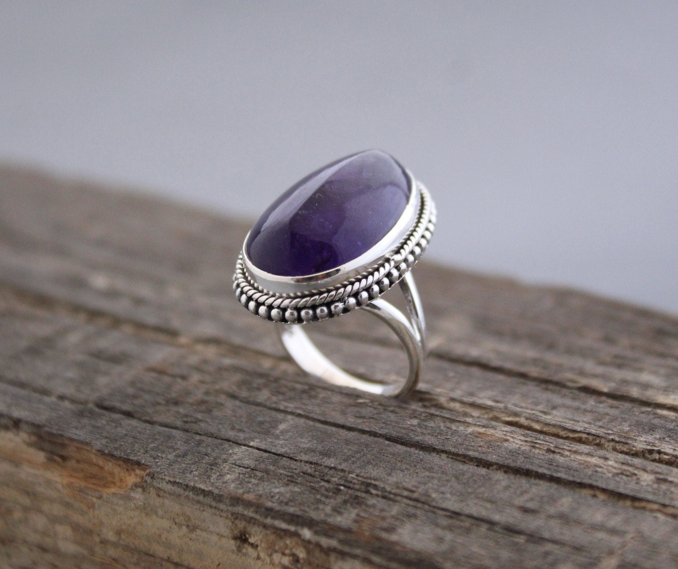 Handmade Sterling Silver Amethyst Ring, Oval Bohemian Jewelry, Large Gemstone Rings, Vintage Bridal wedding anniversary ring