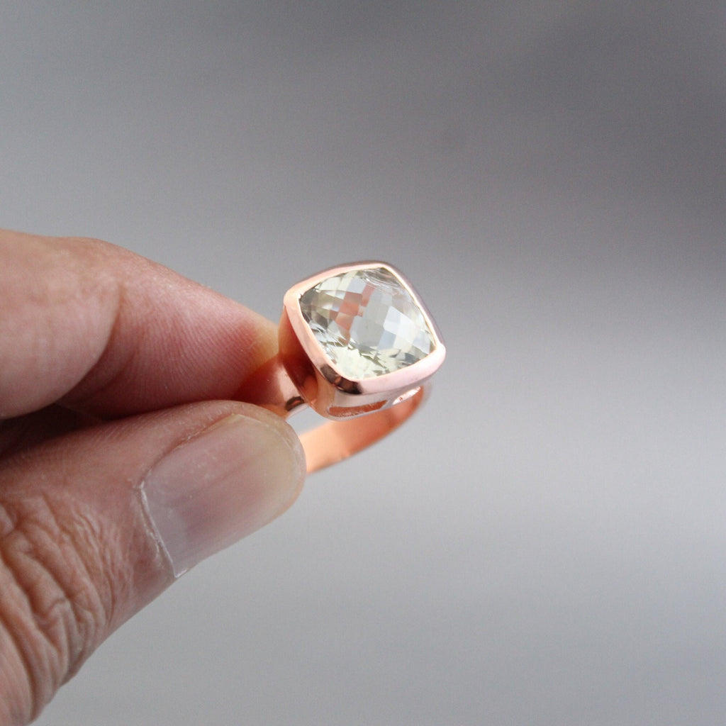 Green Amethyst Prasiolite Ring, 18K Rose‑Gold filled, February Birthstone, Green Gemstone rings, Rings for women