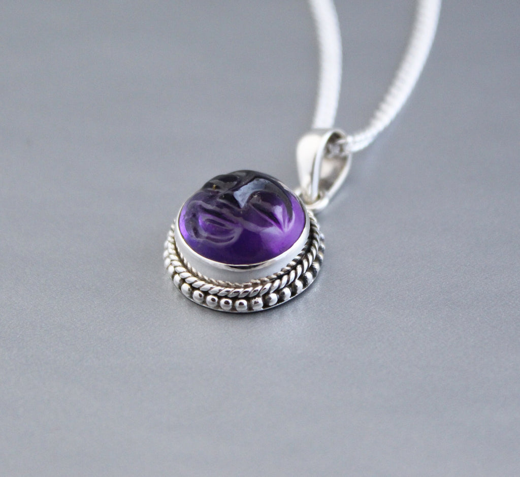 Amethyst Moon Face Necklace, Sterling Silver Celestial Pendant, Moon with face necklace goth jewelry, Birthstone pendant