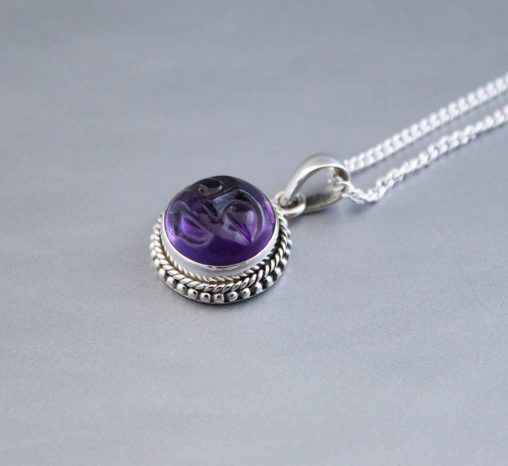Amethyst Moon Face Necklace, Sterling Silver Celestial Pendant, Moon with face necklace goth jewelry, Birthstone pendant