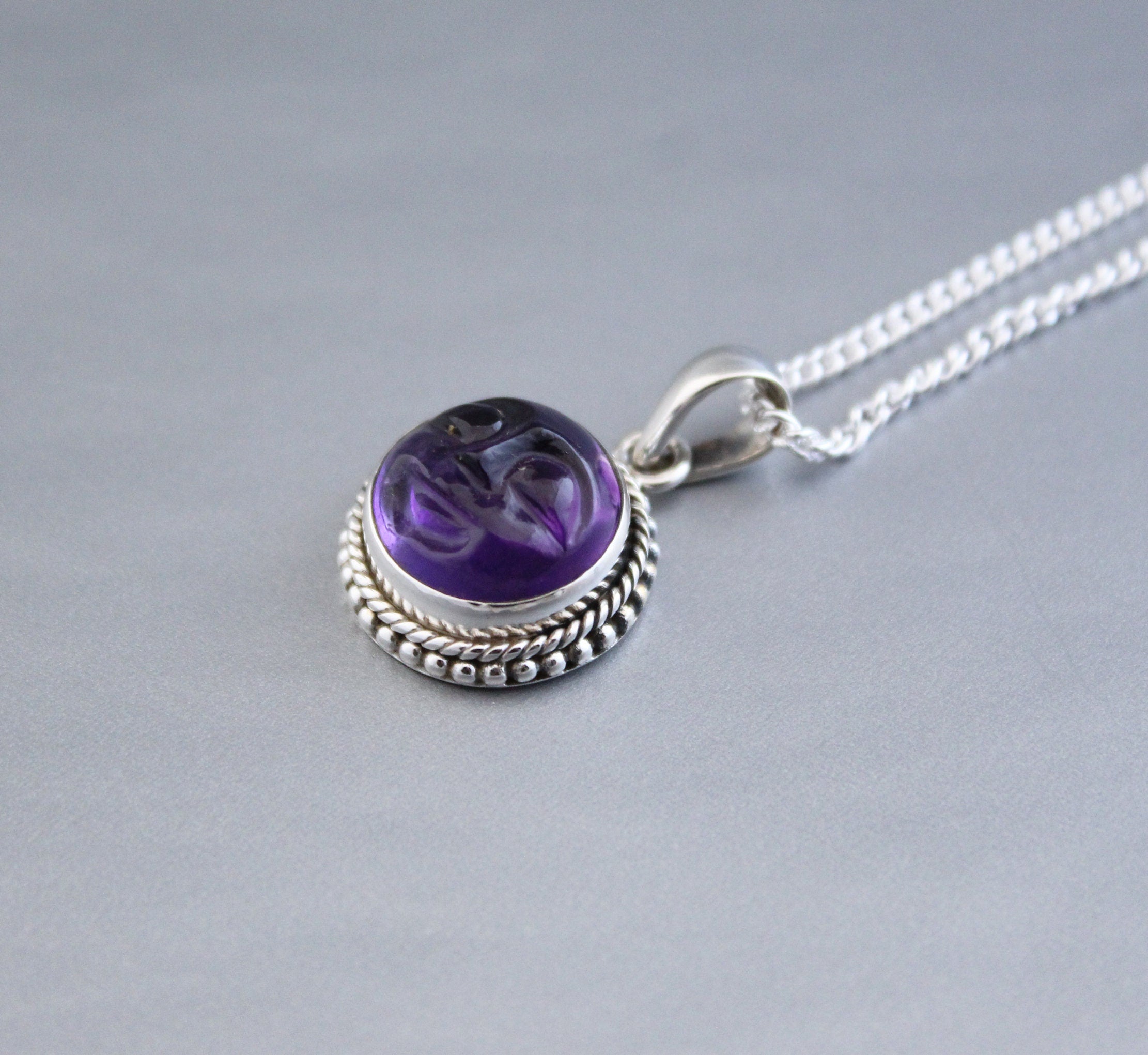 Amethyst Moon Face Necklace, Sterling Silver Celestial Pendant, Moon with face necklace goth jewelry, Birthstone pendant