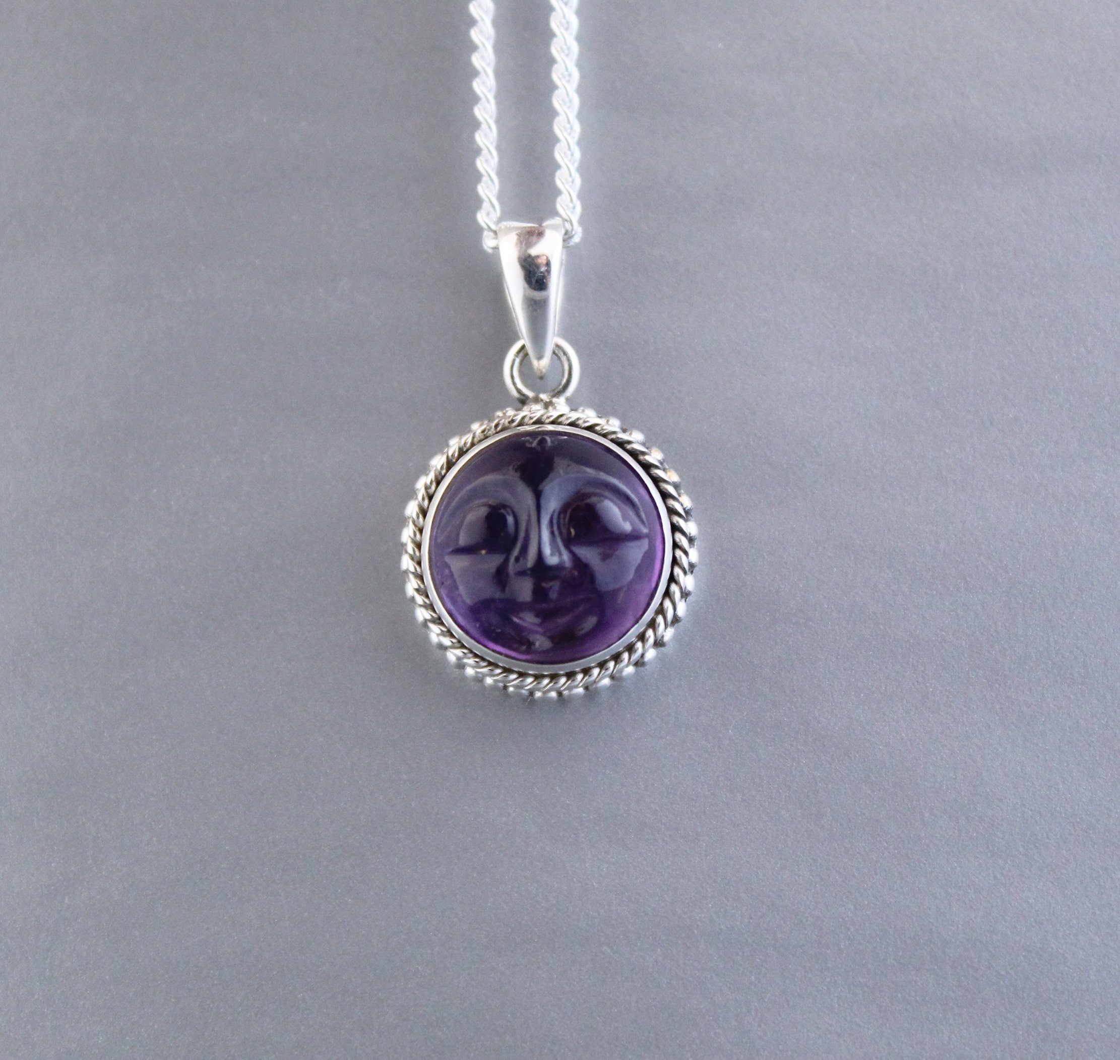 Amethyst Moon Face Necklace, Sterling Silver Celestial Pendant, Moon with face necklace goth jewelry, Birthstone pendant