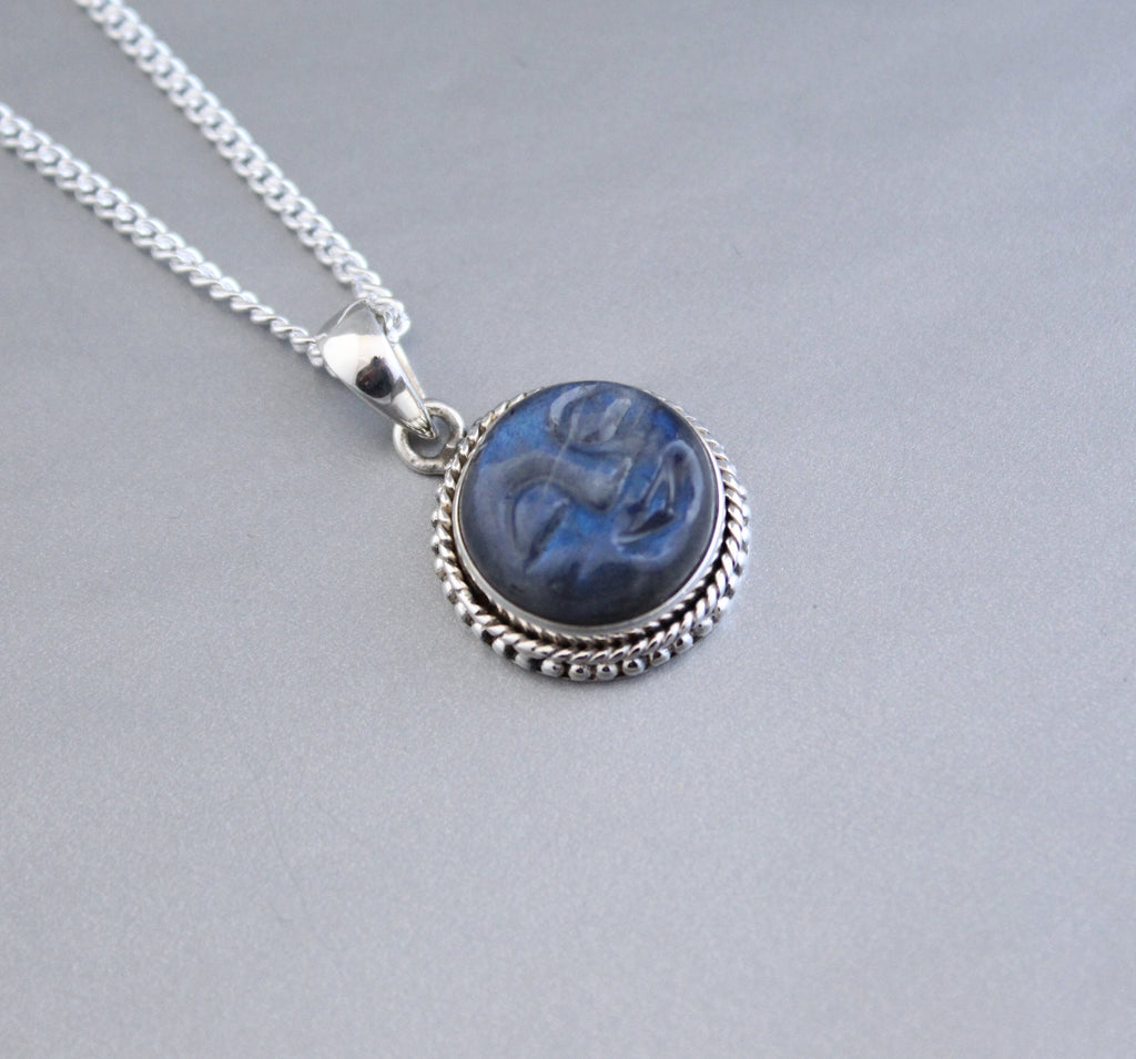 Labradorite Moon Face Necklace: Sterling Silver Celestial Jewelry