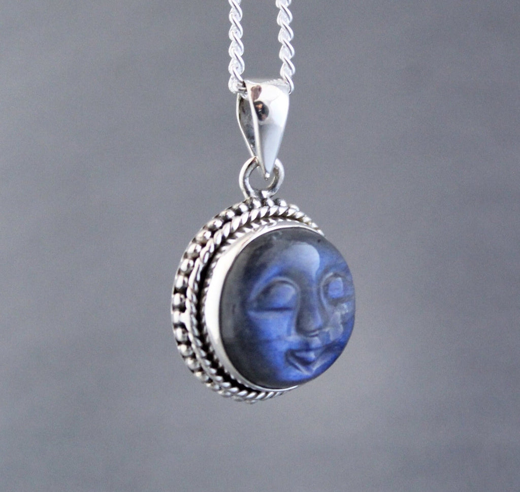 Labradorite Moon Face Necklace: Sterling Silver Celestial Jewelry