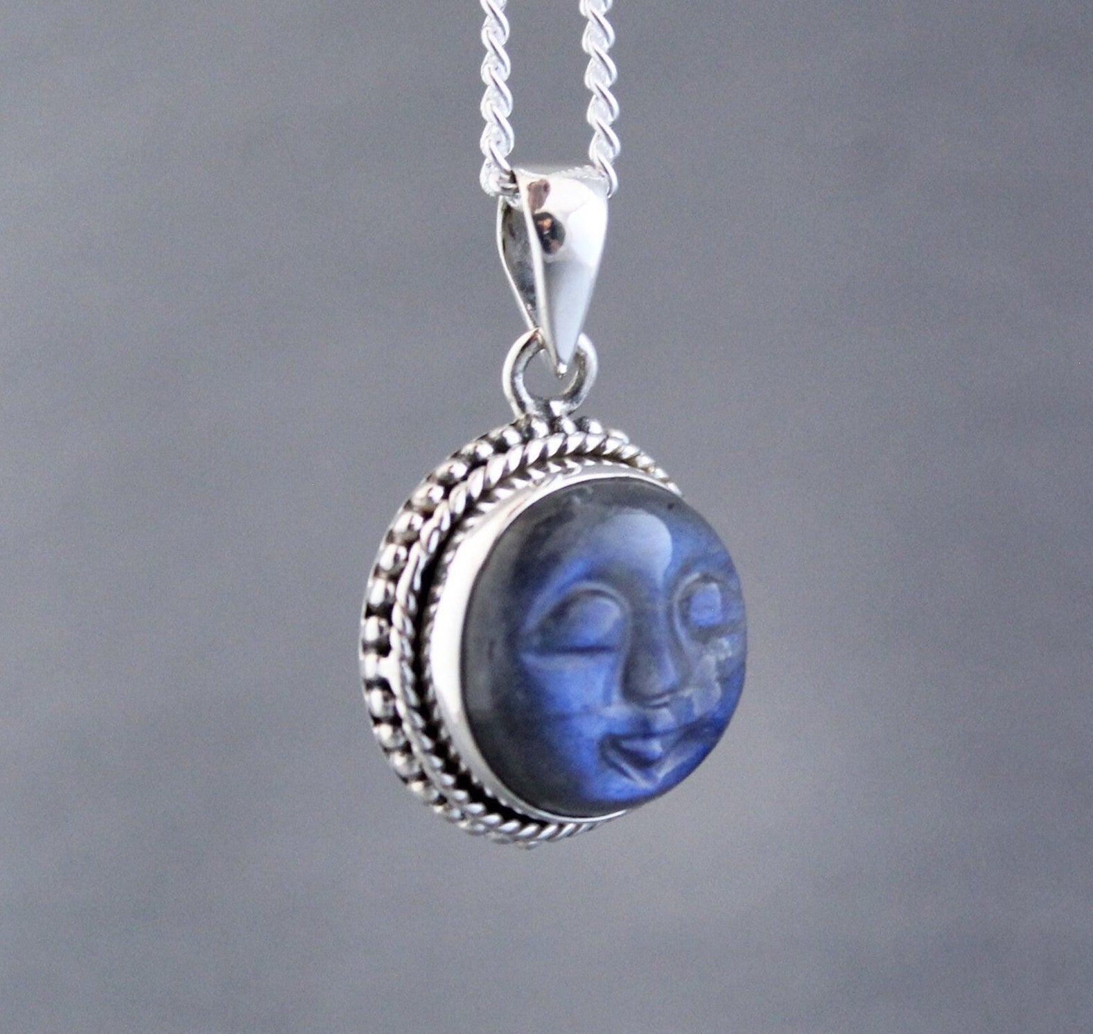 Labradorite Moon Face Necklace: Sterling Silver Celestial Jewelry