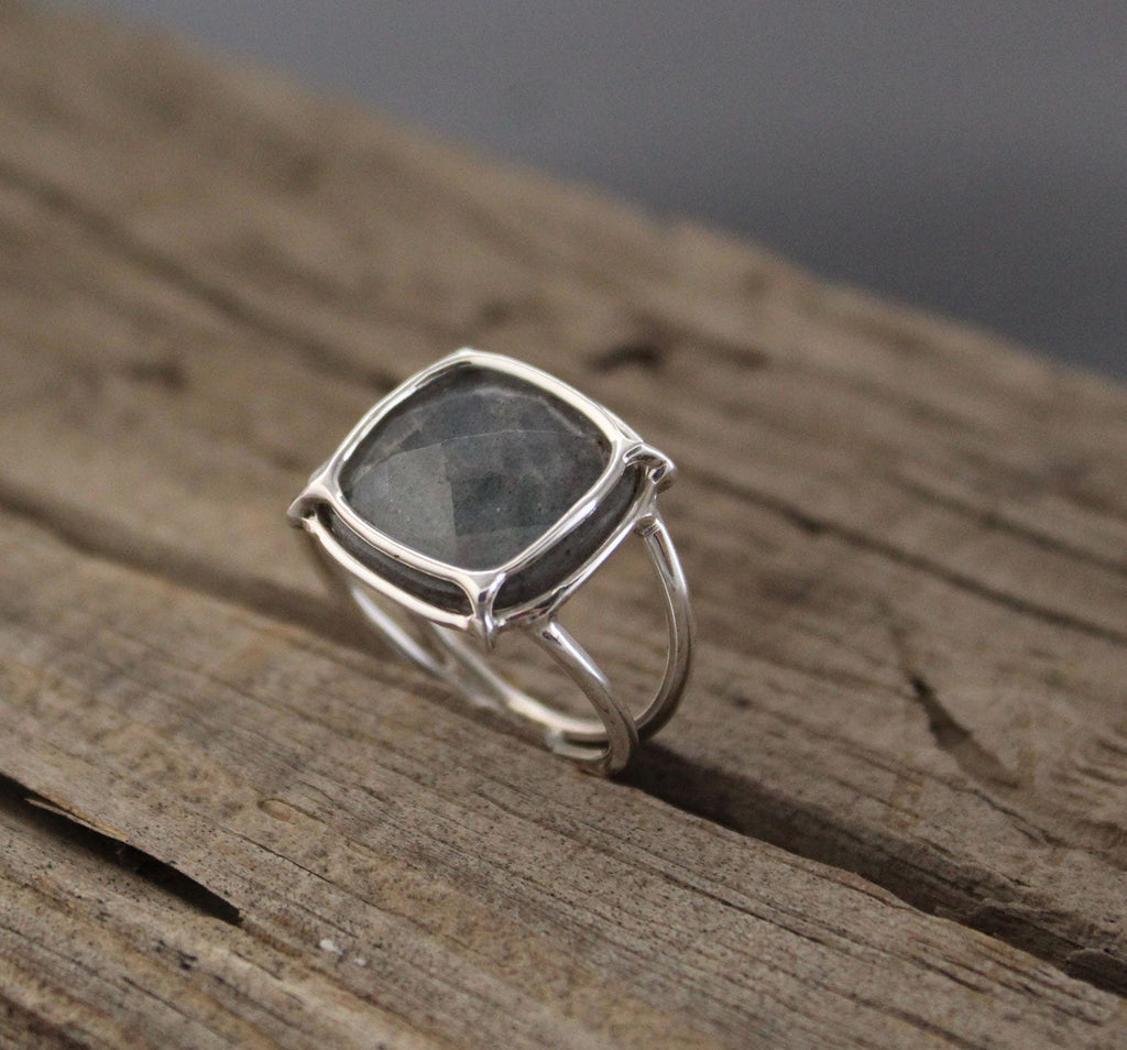 Natural Labradorite Ring, Gold Wired ring, Cushion 925 Sterling Silver Ring, Handmade Gemstone Jewelry