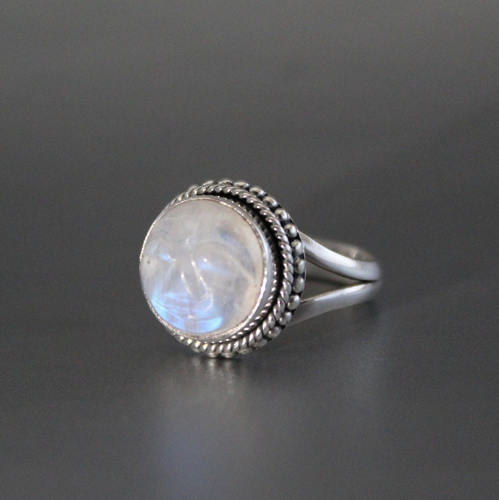 Rainbow Moonstone Ring, Handcrafted Sterling Silver Crescent Moon Face, Wedding Jewelry, Rainbow Ring