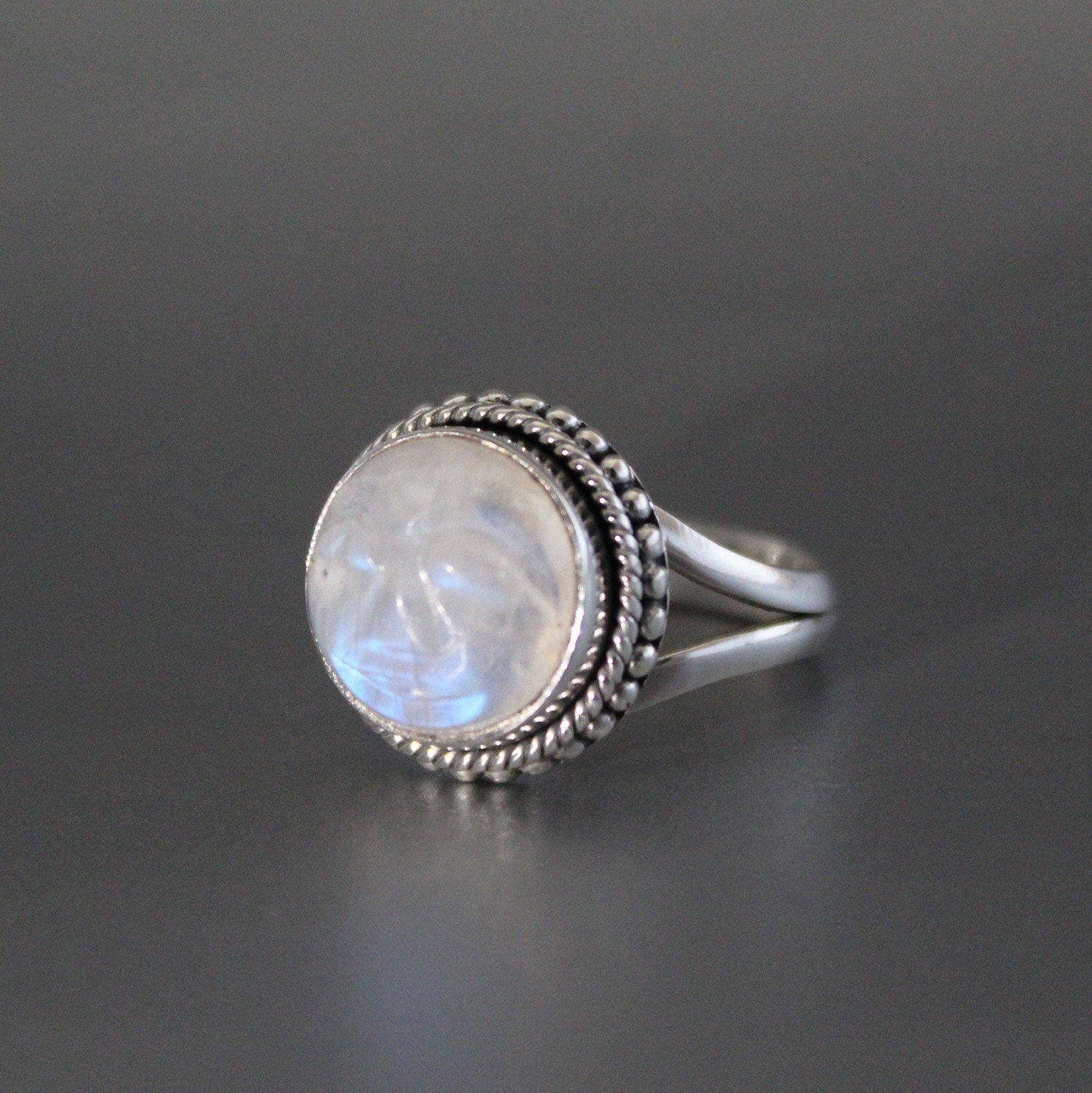 Rainbow Moonstone Ring, Handcrafted Sterling Silver Crescent Moon Face, Wedding Jewelry, Rainbow Ring