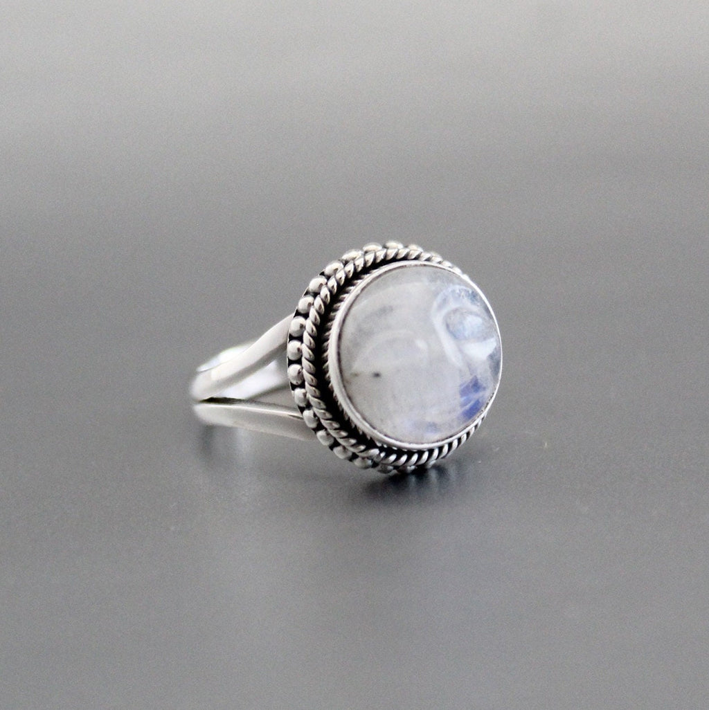 Rainbow Moonstone Ring, Handcrafted Sterling Silver Crescent Moon Face, Wedding Jewelry, Rainbow Ring