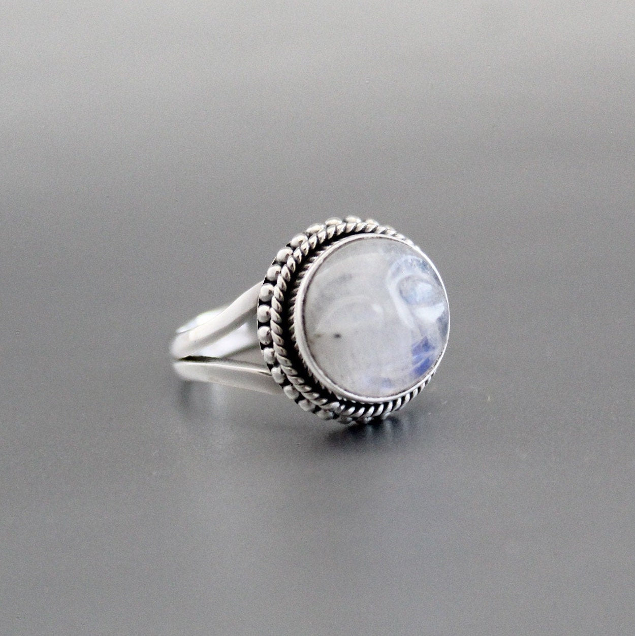 Rainbow Moonstone Ring, Handcrafted Sterling Silver Crescent Moon Face, Wedding Jewelry, Rainbow Ring