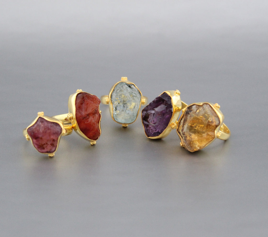 Raw Amethyst Ring, Dainty Sterling Silver Birthstone Ring, 14K Gold Vermiel, Purple Ring, Crystal Handmade Jewelry