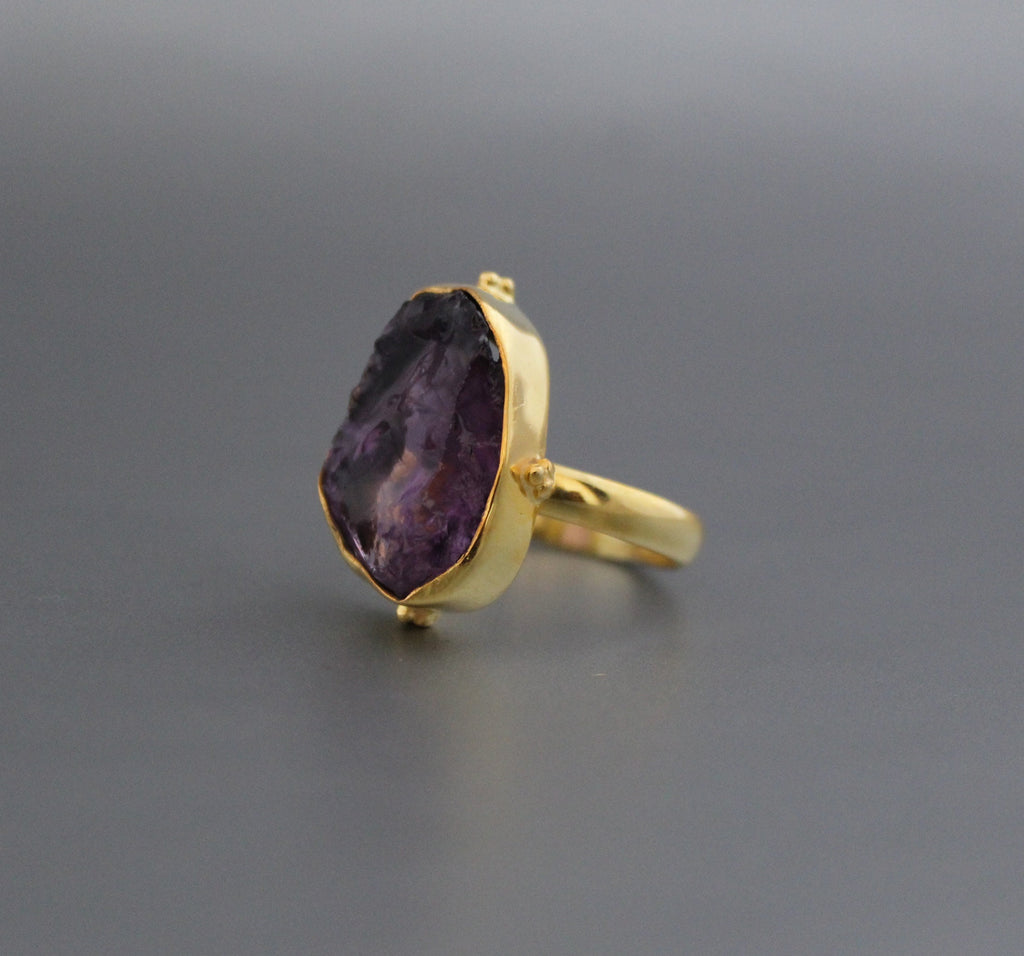Raw Amethyst Ring, Dainty Sterling Silver Birthstone Ring, 14K Gold Vermiel, Purple Ring, Crystal Handmade Jewelry