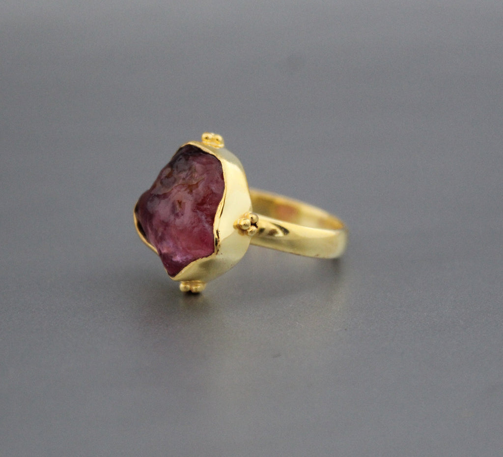 Raw Pink Tourmaline Ring: Sterling Silver Crystal Healing Stacking Ring