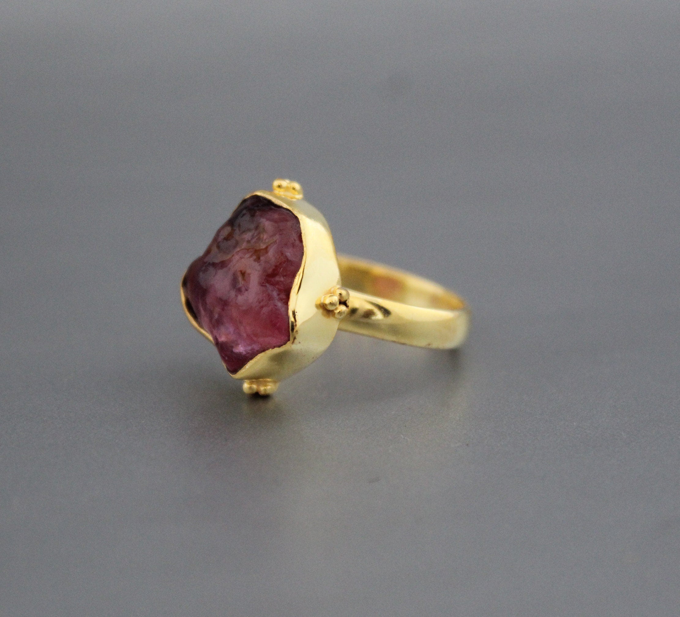 Raw Pink Tourmaline Ring: Sterling Silver Crystal Healing Stacking Ring