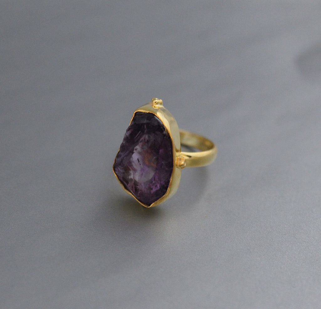 Raw Amethyst Ring, Dainty Sterling Silver Birthstone Ring, 14K Gold Vermiel, Purple Ring, Crystal Handmade Jewelry