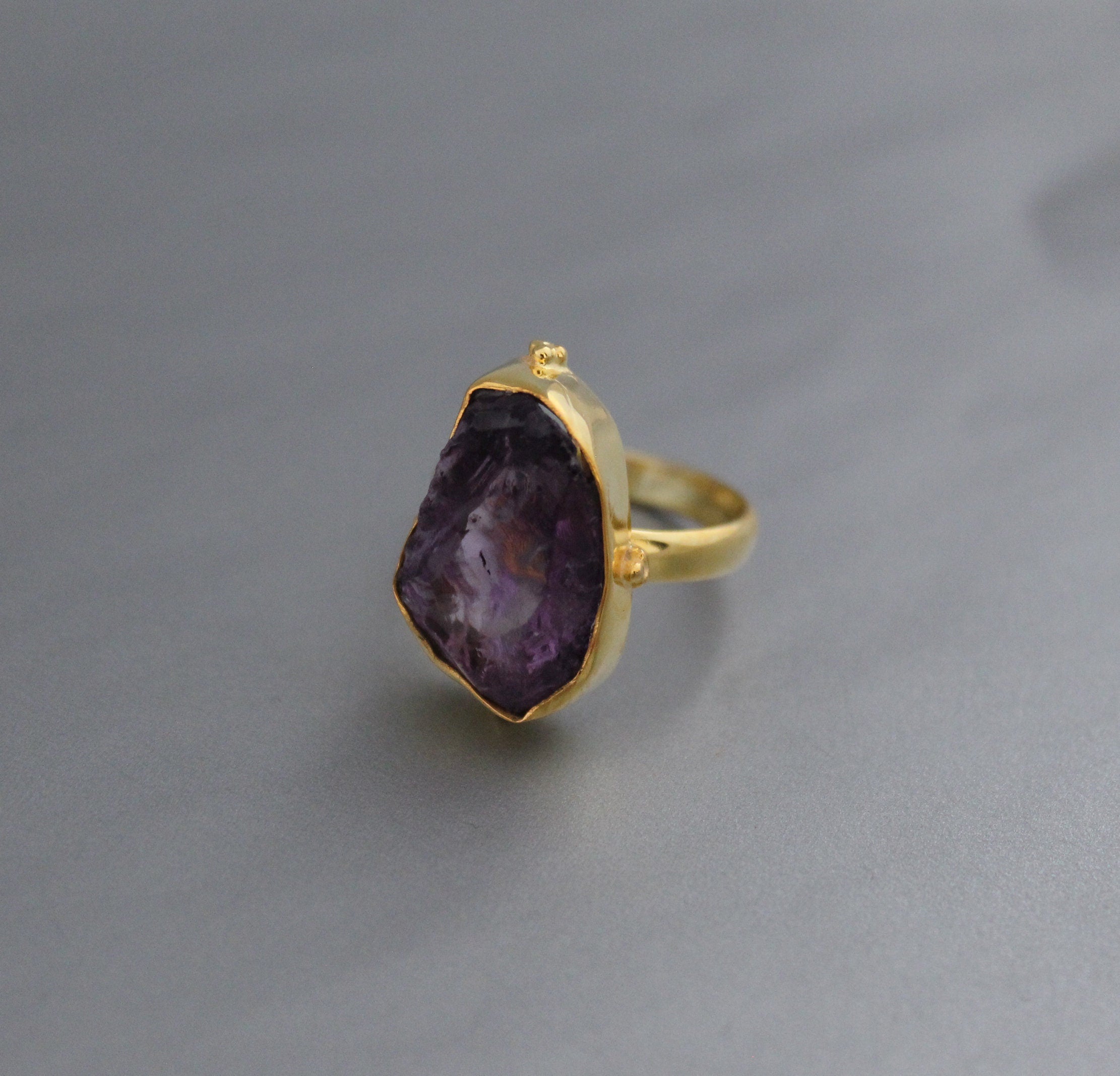 Raw Amethyst Ring, Dainty Sterling Silver Birthstone Ring, 14K Gold Vermiel, Purple Ring, Crystal Handmade Jewelry
