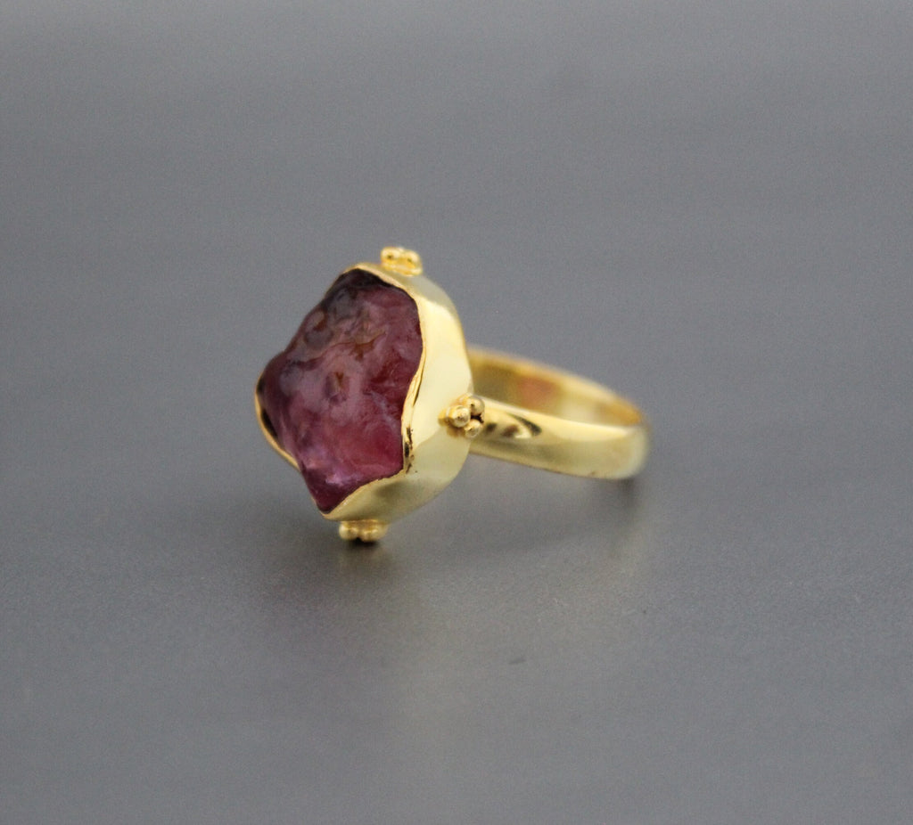Raw Pink Tourmaline Ring: Sterling Silver Crystal Healing Stacking Ring
