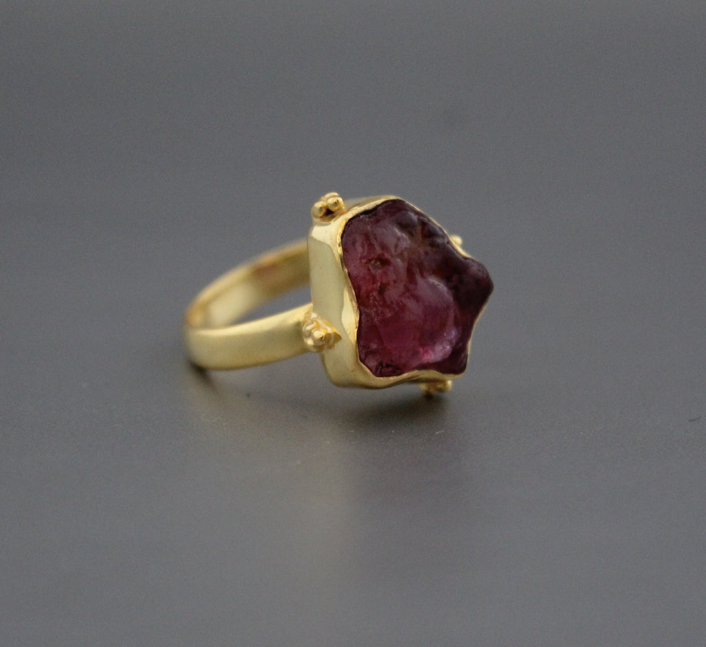 Raw Pink Tourmaline Ring: Sterling Silver Crystal Healing Stacking Ring