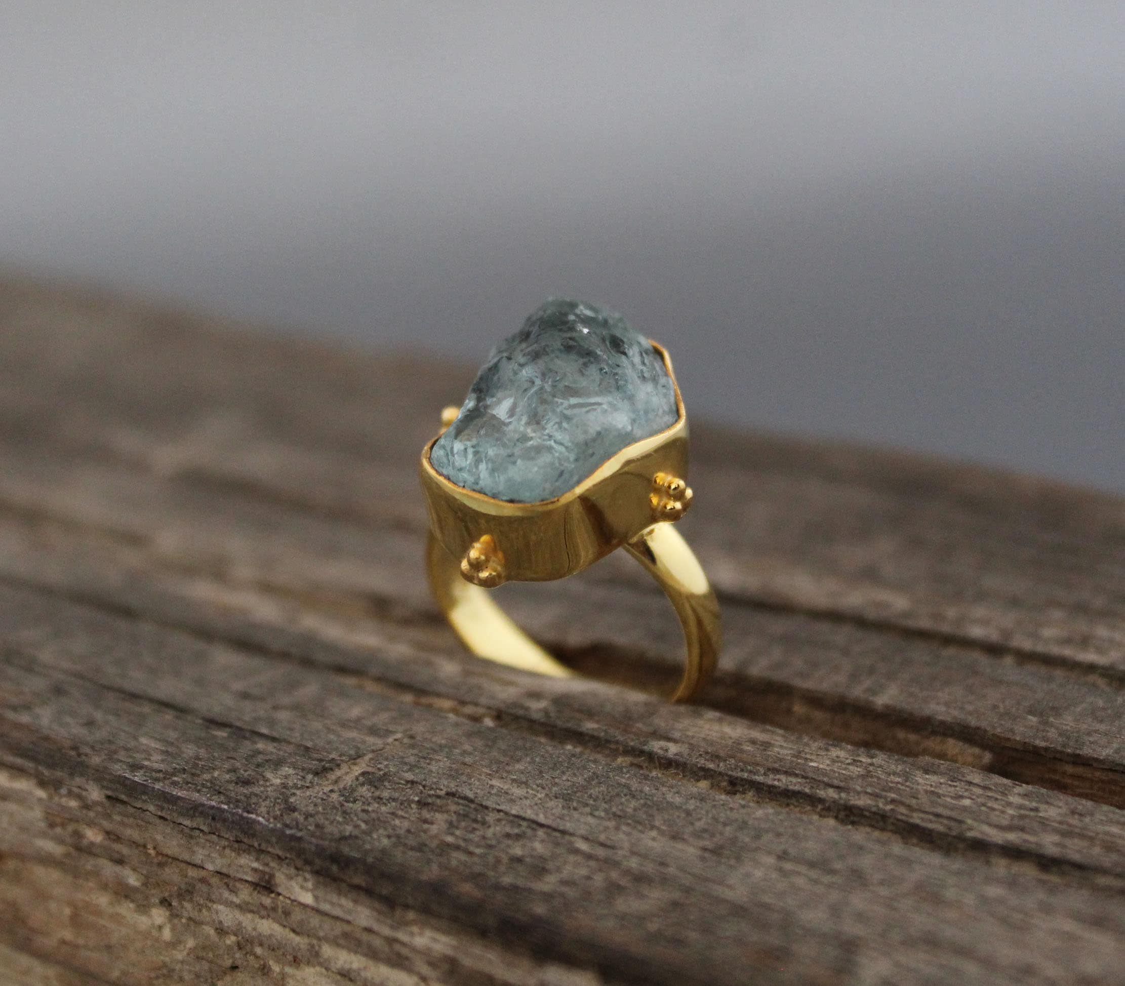 Raw Aquamarine Ring: Sterling Silver Rough Crystal Birthstone Jewelry