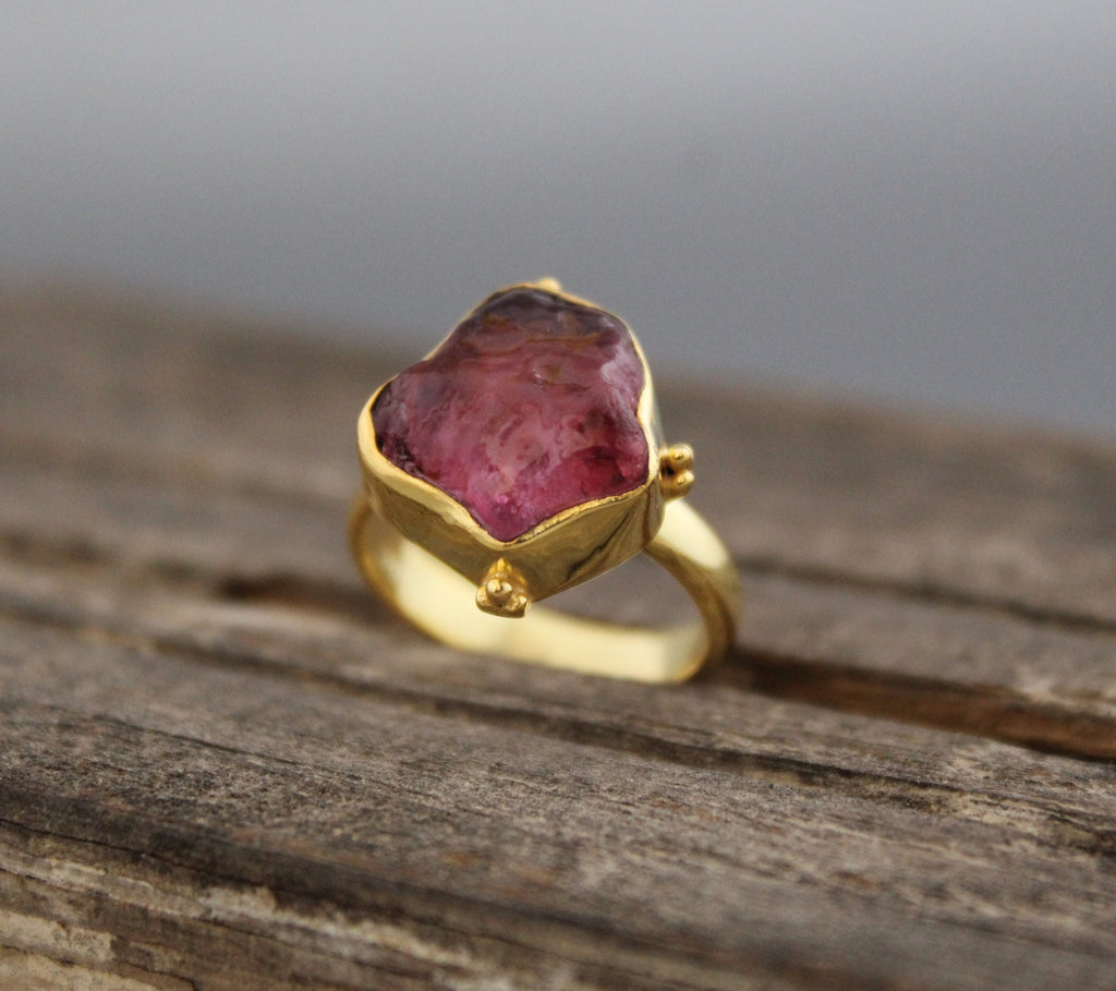 Raw Pink Tourmaline Ring: Sterling Silver Crystal Healing Stacking Ring
