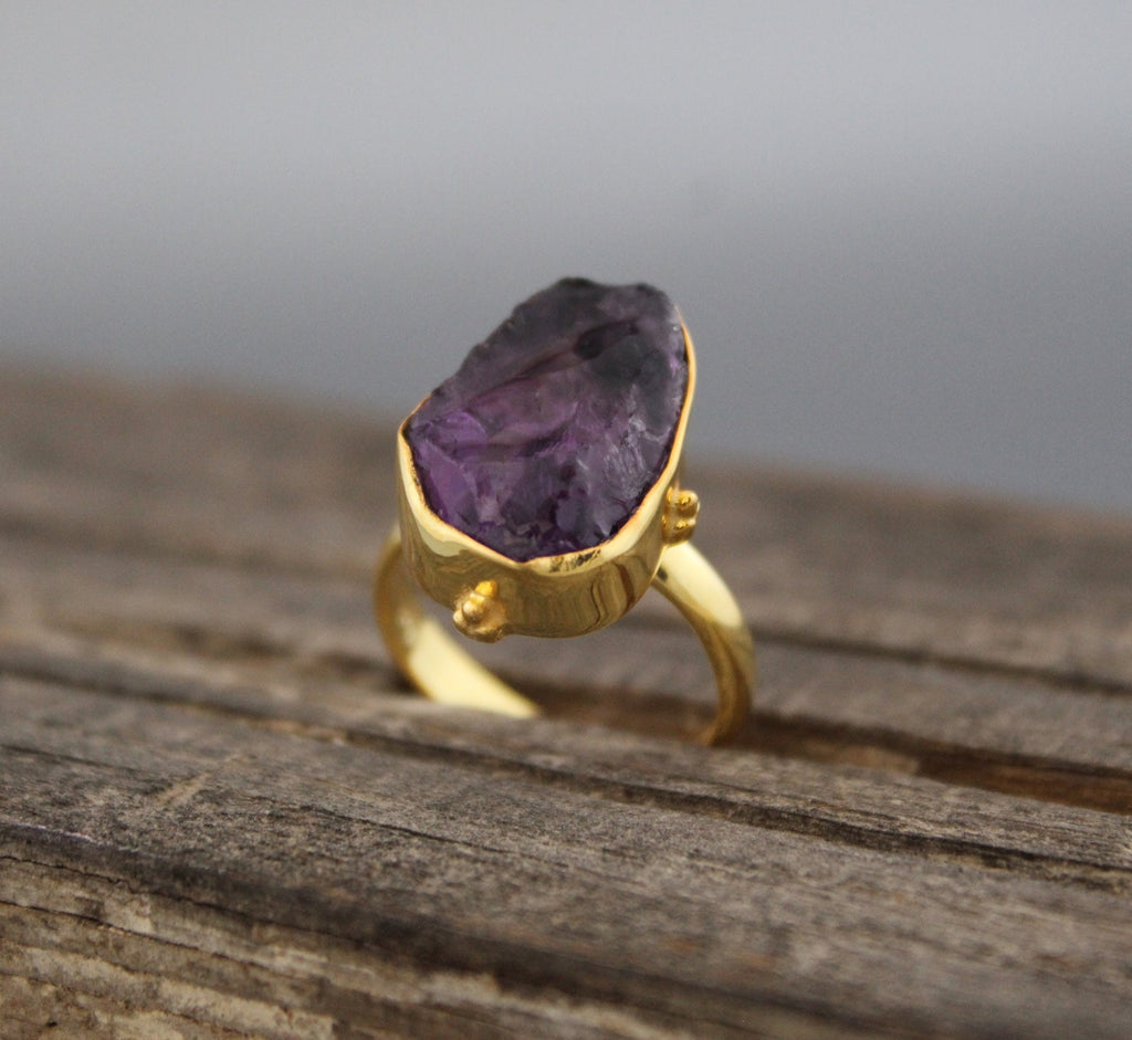 Raw Amethyst Ring, Dainty Sterling Silver Birthstone Ring, 14K Gold Vermiel, Purple Ring, Crystal Handmade Jewelry