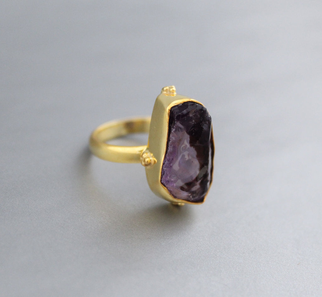 Raw Amethyst Ring, Dainty Sterling Silver Birthstone Ring, 14K Gold Vermiel, Purple Ring, Crystal Handmade Jewelry
