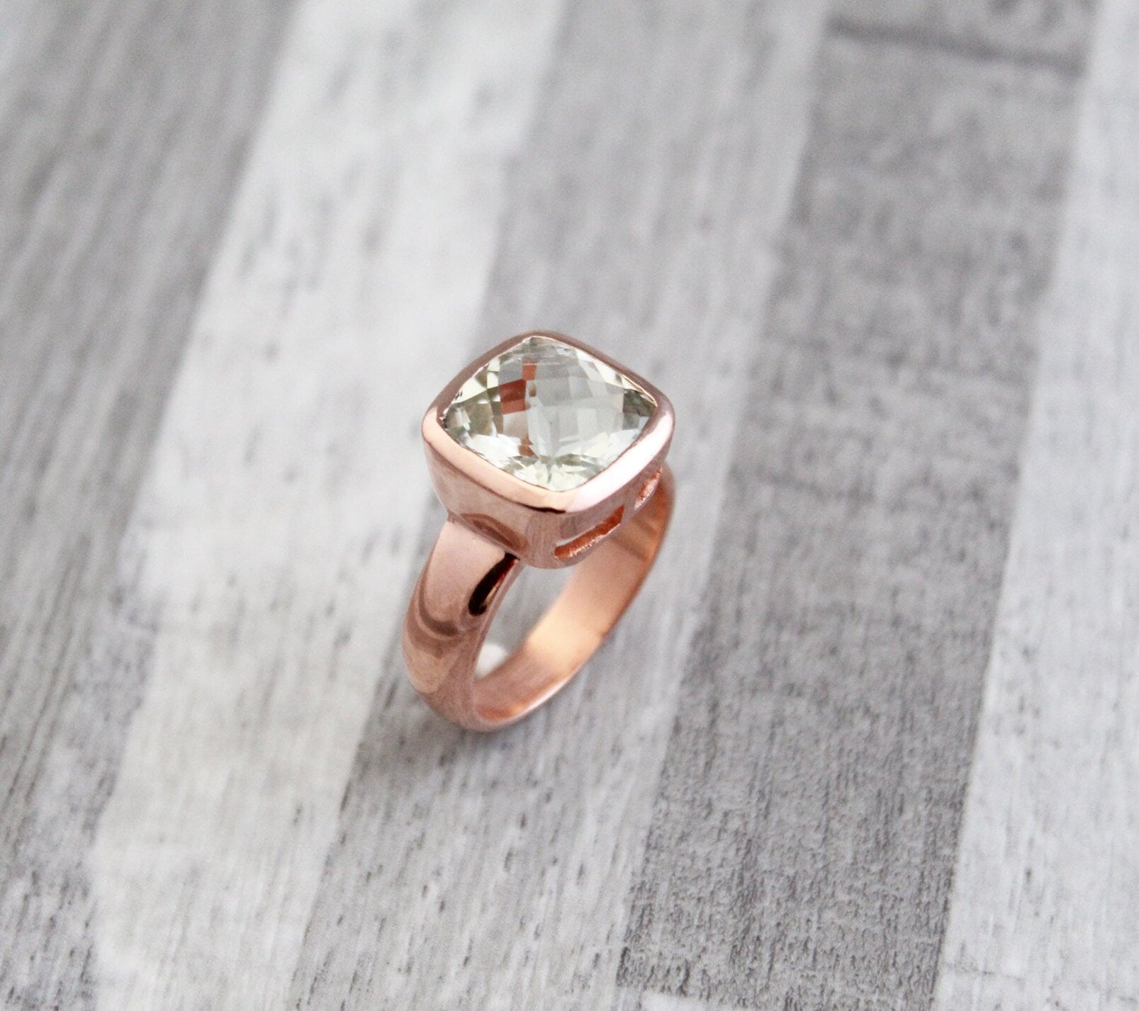 Green Amethyst Prasiolite Ring, 18K Rose‑Gold filled, February Birthstone, Green Gemstone rings, Rings for women