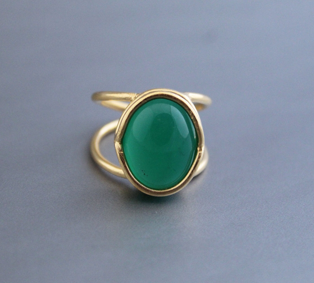 Green Onyx 18K Gold Ring, Vintage Onyx Stone Ring, Handmade Silver Onyx Ring, Retro Boho Jewelry Gift for Her, Gemstone Ring