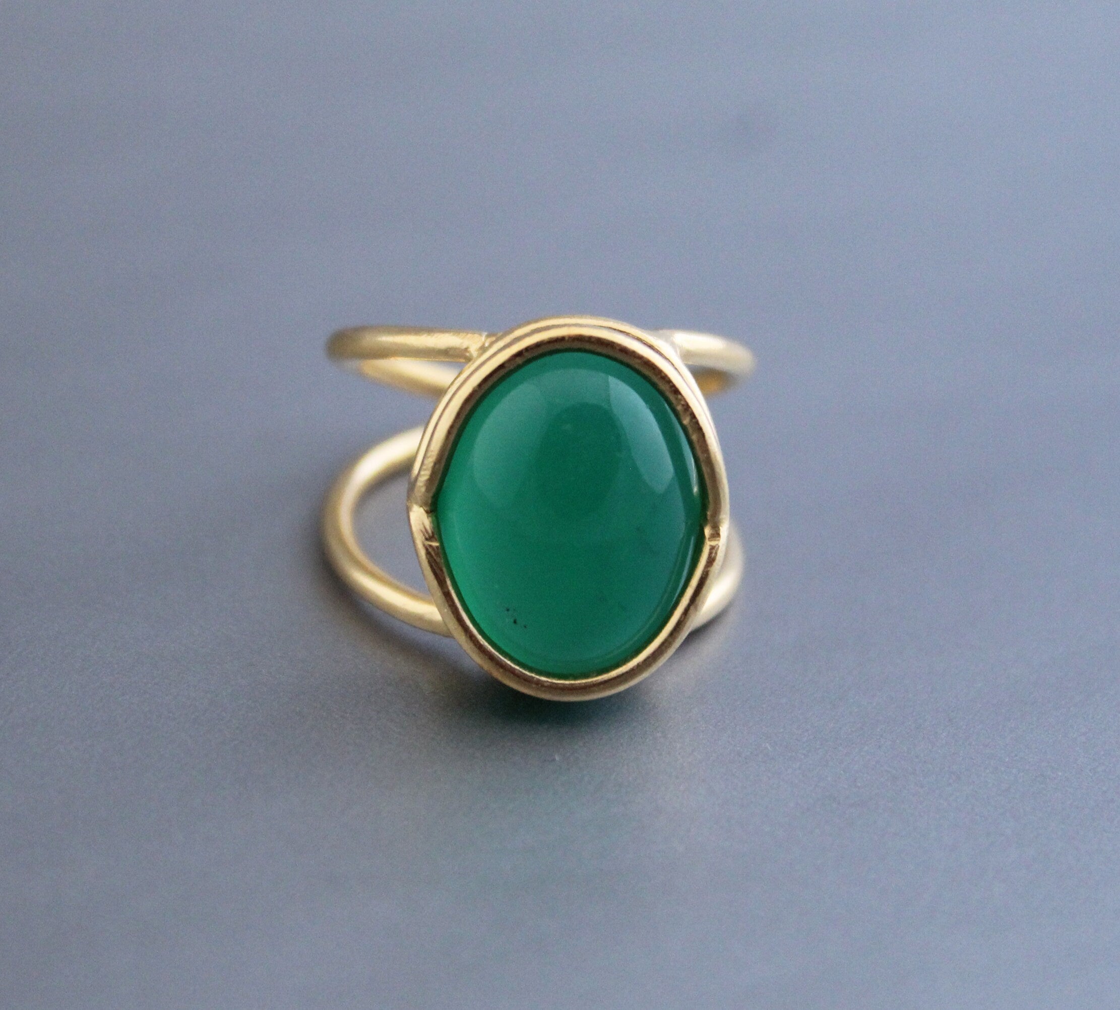 Green Onyx 18K Gold Ring, Vintage Onyx Stone Ring, Handmade Silver Onyx Ring, Retro Boho Jewelry Gift for Her, Gemstone Ring