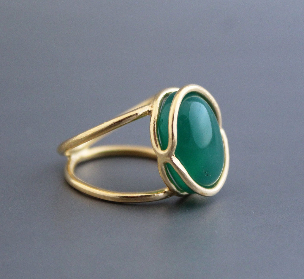 Green Onyx 18K Gold Ring, Vintage Onyx Stone Ring, Handmade Silver Onyx Ring, Retro Boho Jewelry Gift for Her, Gemstone Ring
