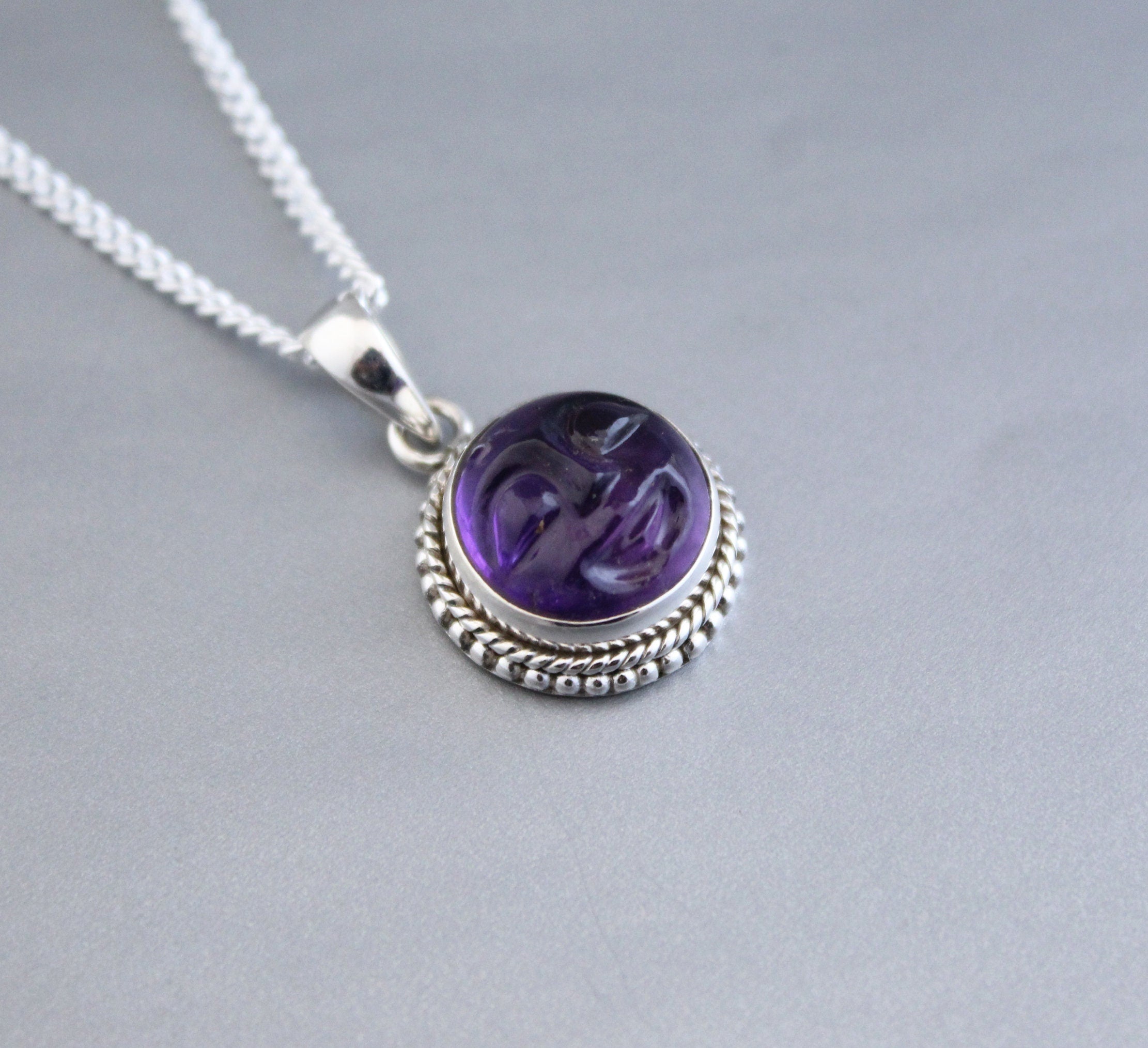 Amethyst Moon Face Necklace, Sterling Silver Celestial Pendant, Moon with face necklace goth jewelry, Birthstone pendant