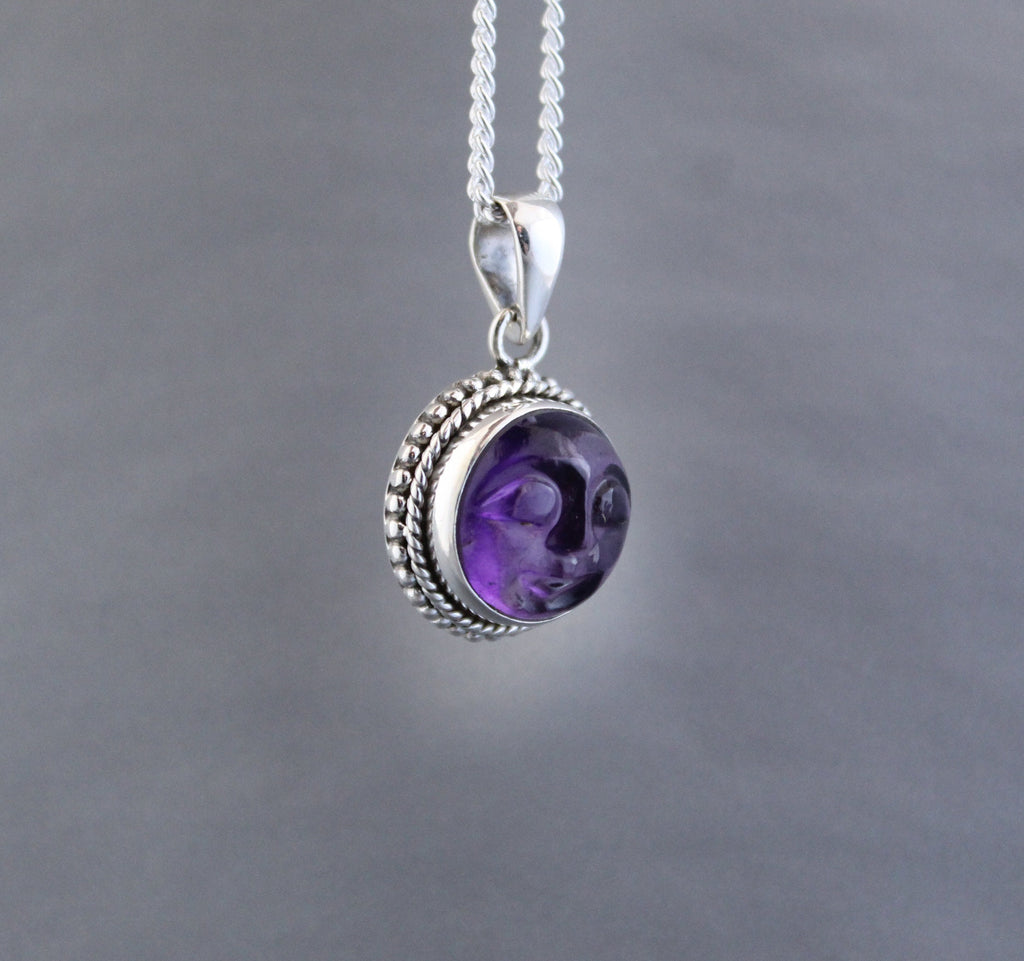Amethyst Moon Face Necklace, Sterling Silver Celestial Pendant, Moon with face necklace goth jewelry, Birthstone pendant