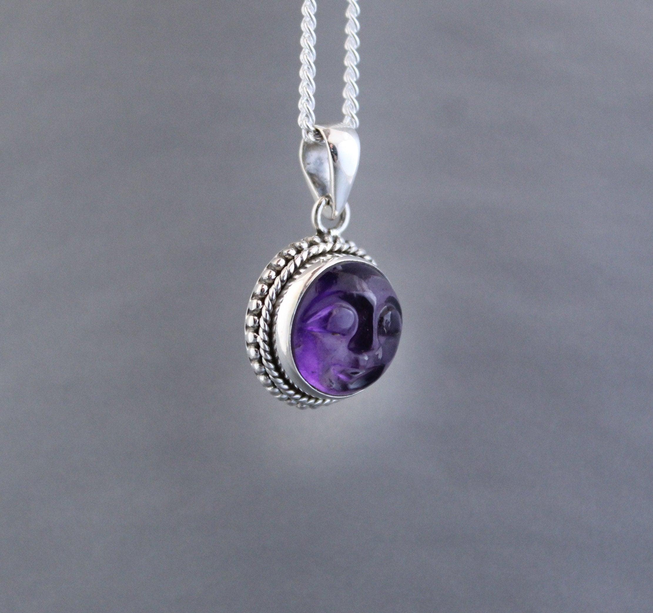 Amethyst Moon Face Necklace, Sterling Silver Celestial Pendant, Moon with face necklace goth jewelry, Birthstone pendant