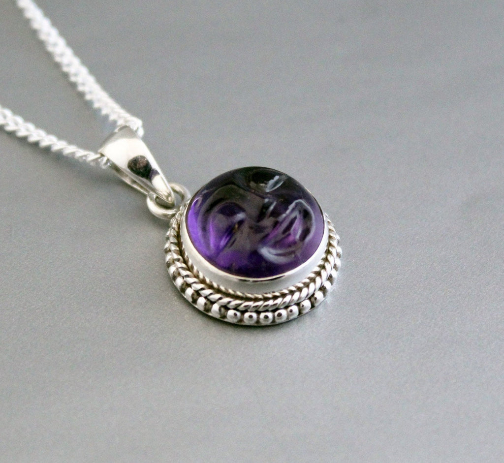 Amethyst Moon Face Necklace, Sterling Silver Celestial Pendant, Moon with face necklace goth jewelry, Birthstone pendant